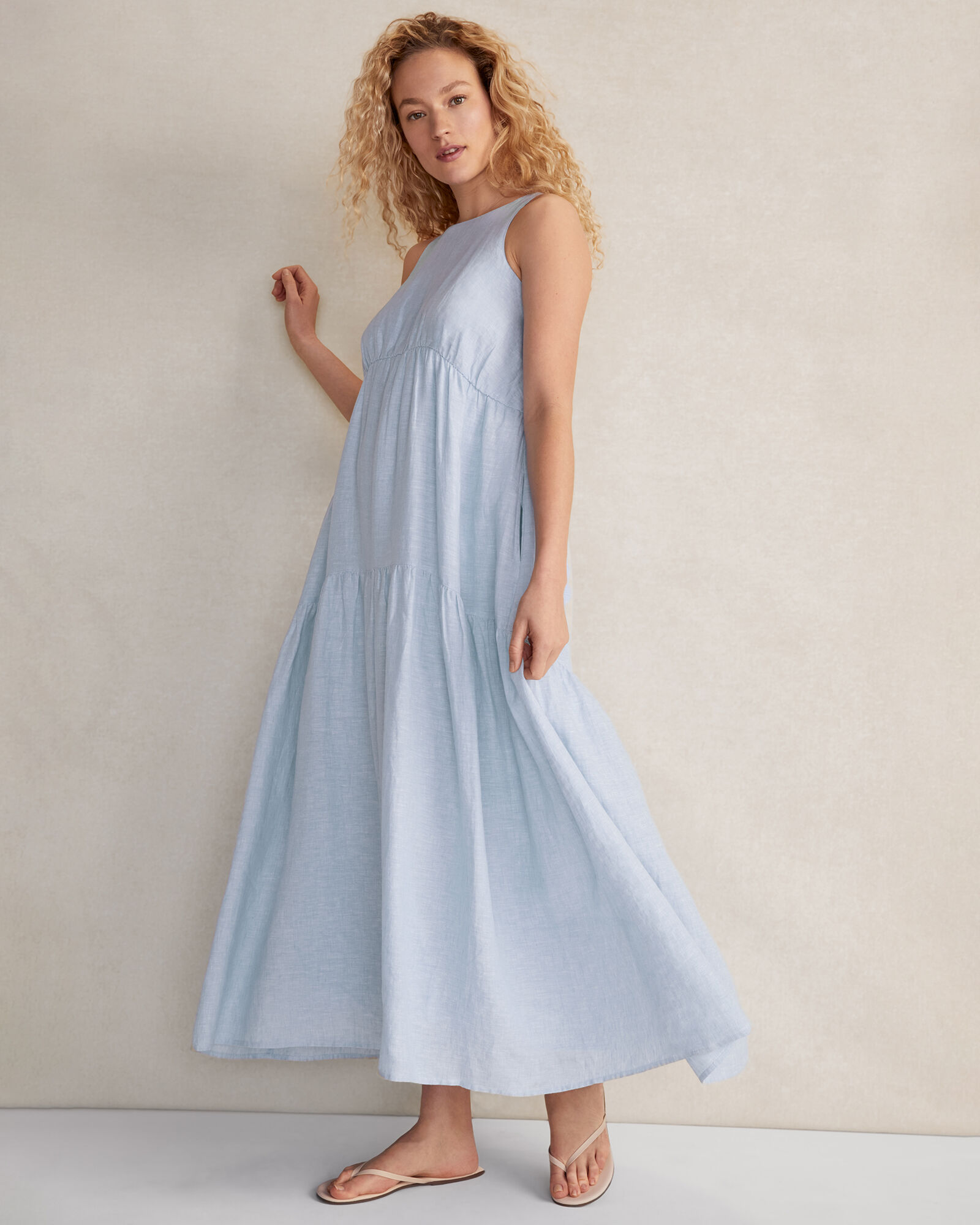 tiered dress linen Balinese Beige Linen Tiered Dress with Round Neck