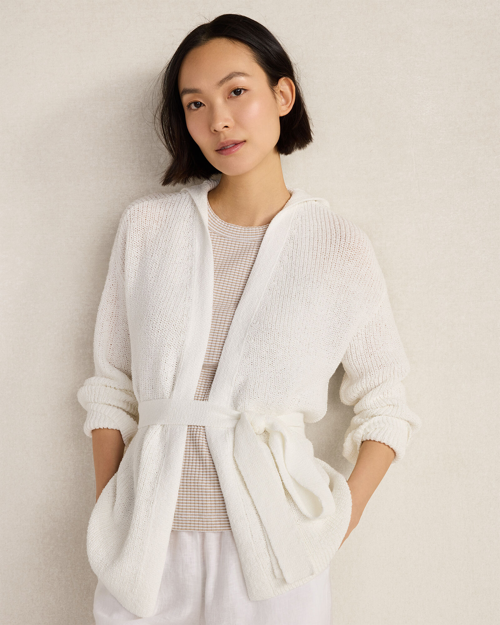 Cotton Blend Tie-Front Hooded Cardigan