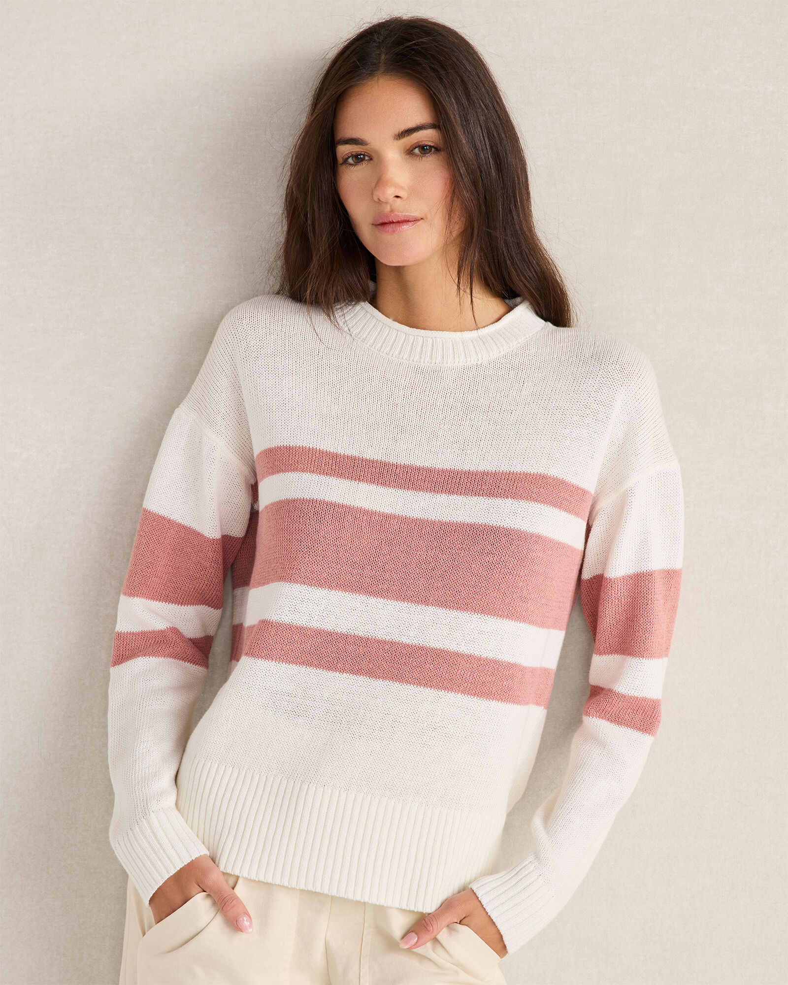 Cotton Linen Stripe Roll Neck Sweater
