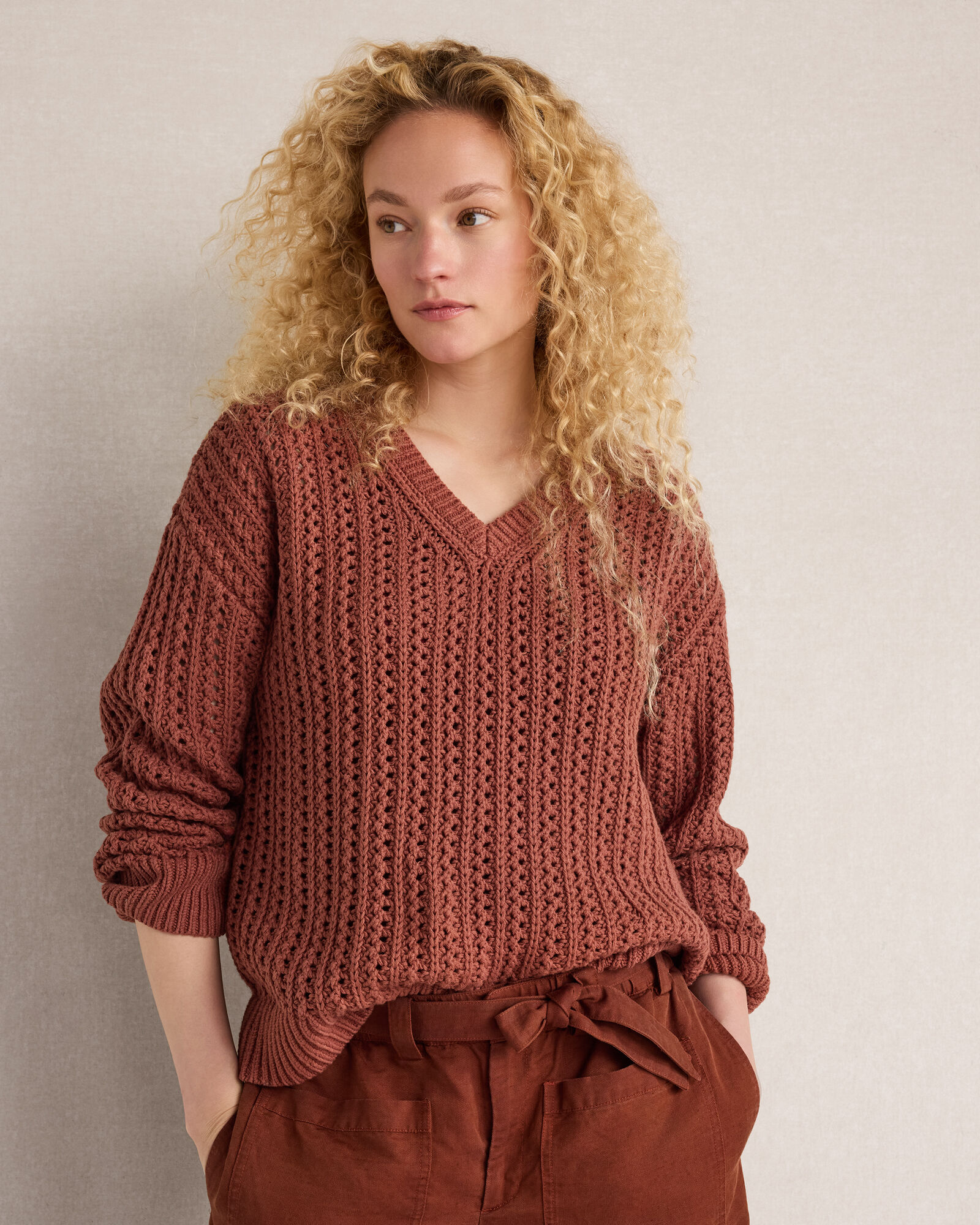 Textured Cotton Blend V-Neck Sweater
