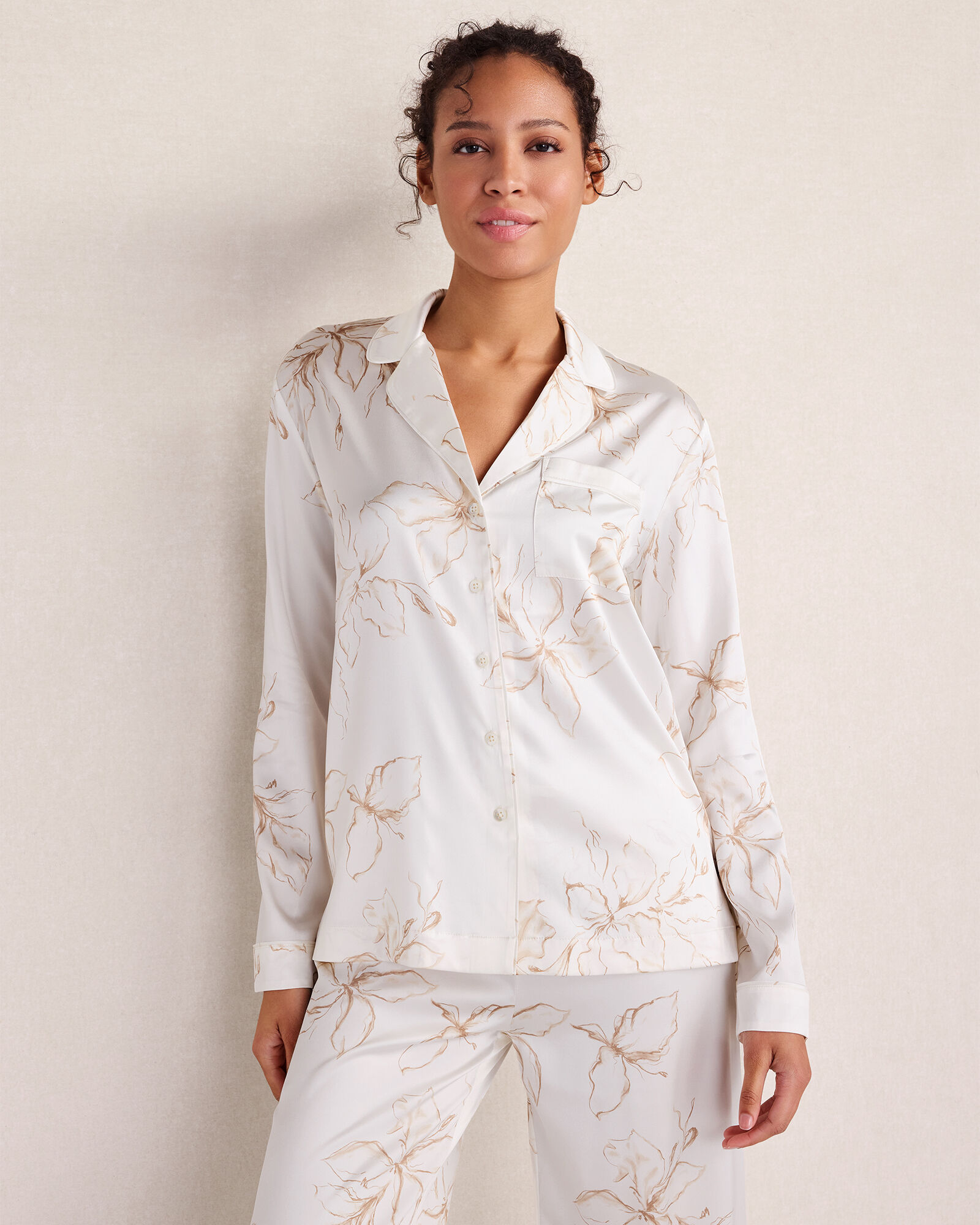 Washable Silk Floral Notch Collar Pajama Top