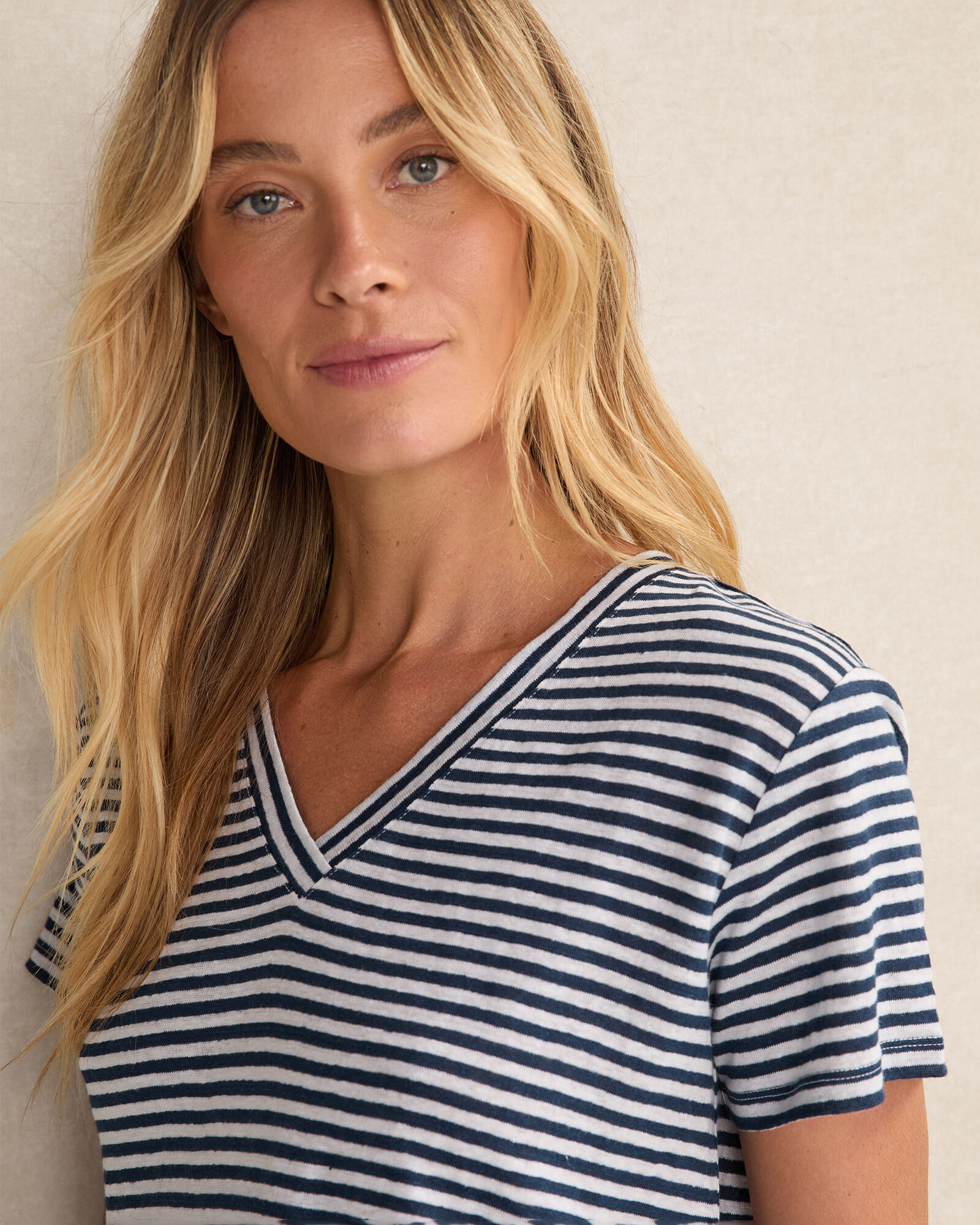 Linen Stripe Short Sleeve V-Neck Tee