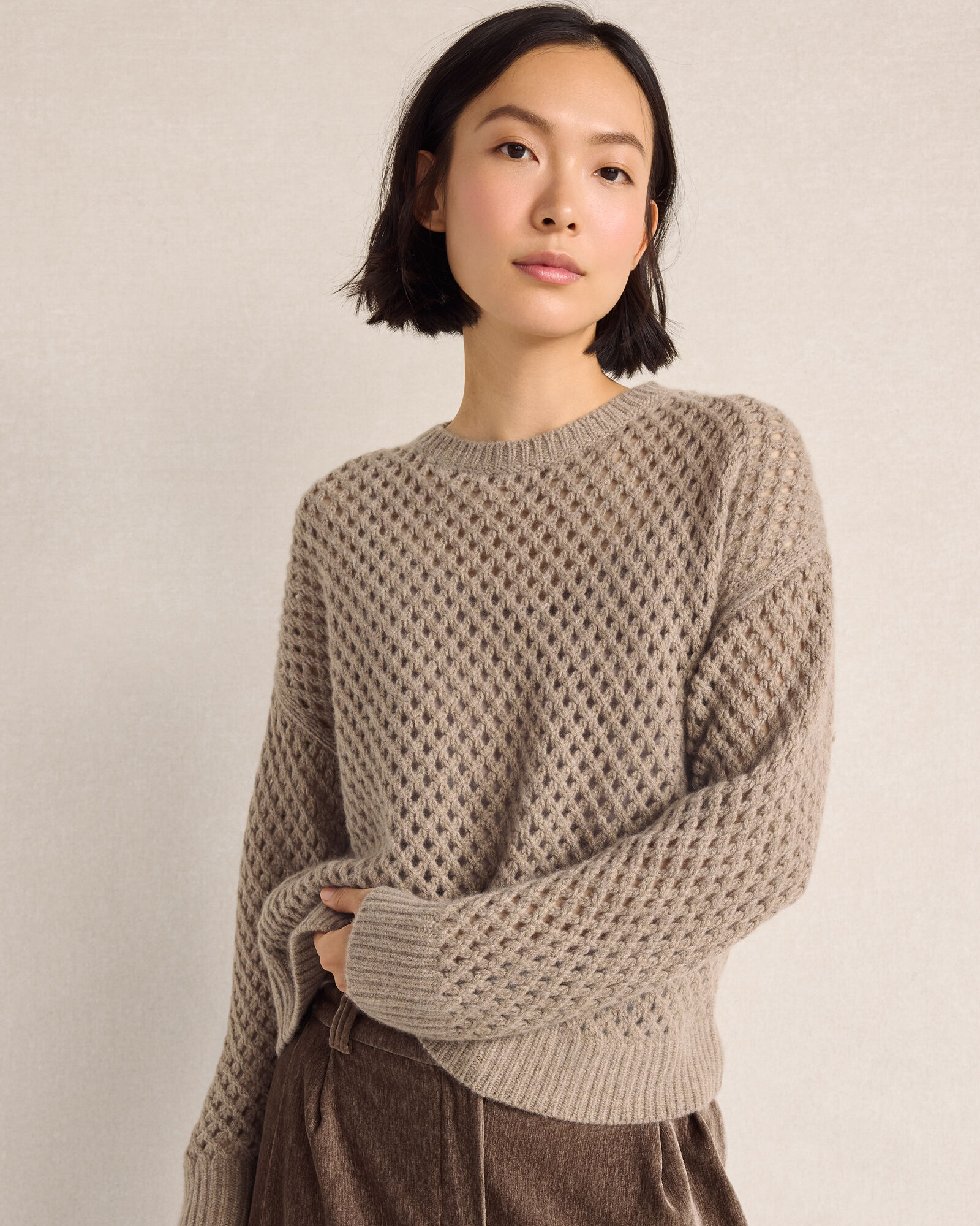 Cashmere Open Stitch Crewneck Sweater