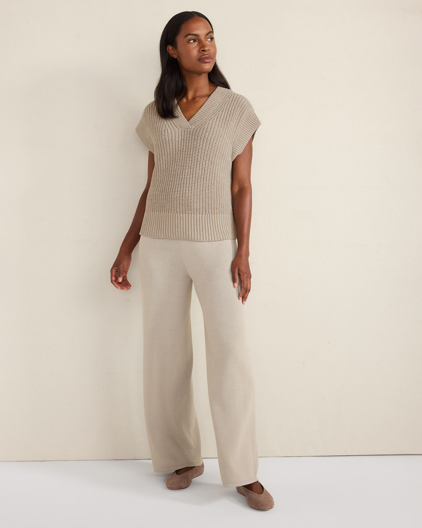 Organic Cotton Linen Shaker Stitch V-Neck Sweater