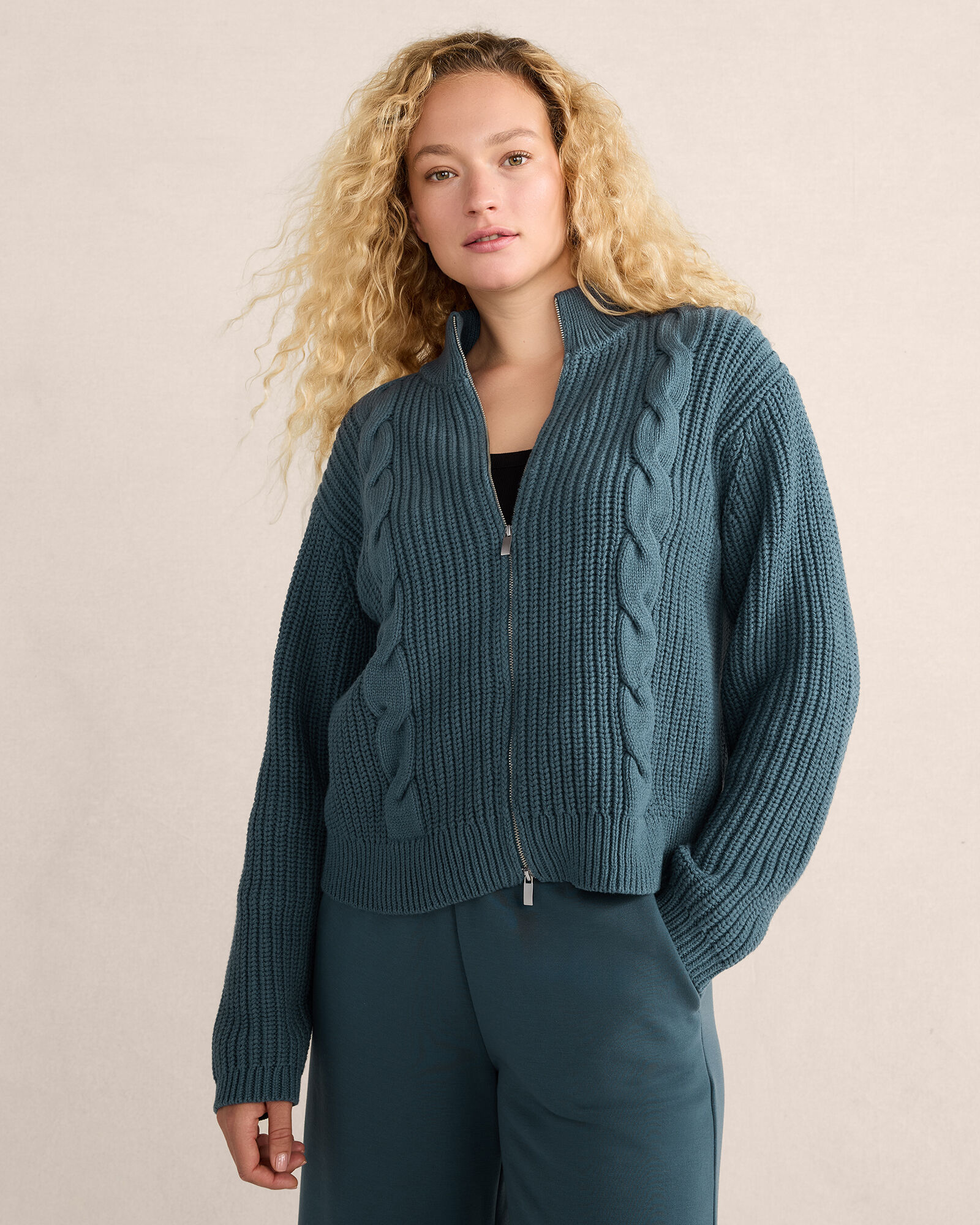 Cotton Mixed Stitch Double-Zip Cardigan | Haven Well Within