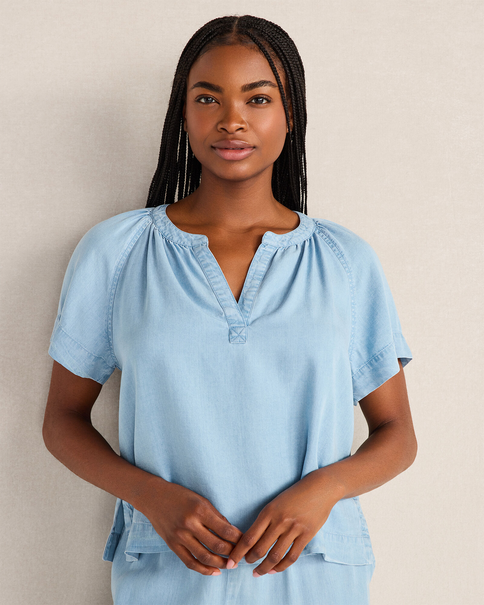 Chambray Gathered Split Neck Top