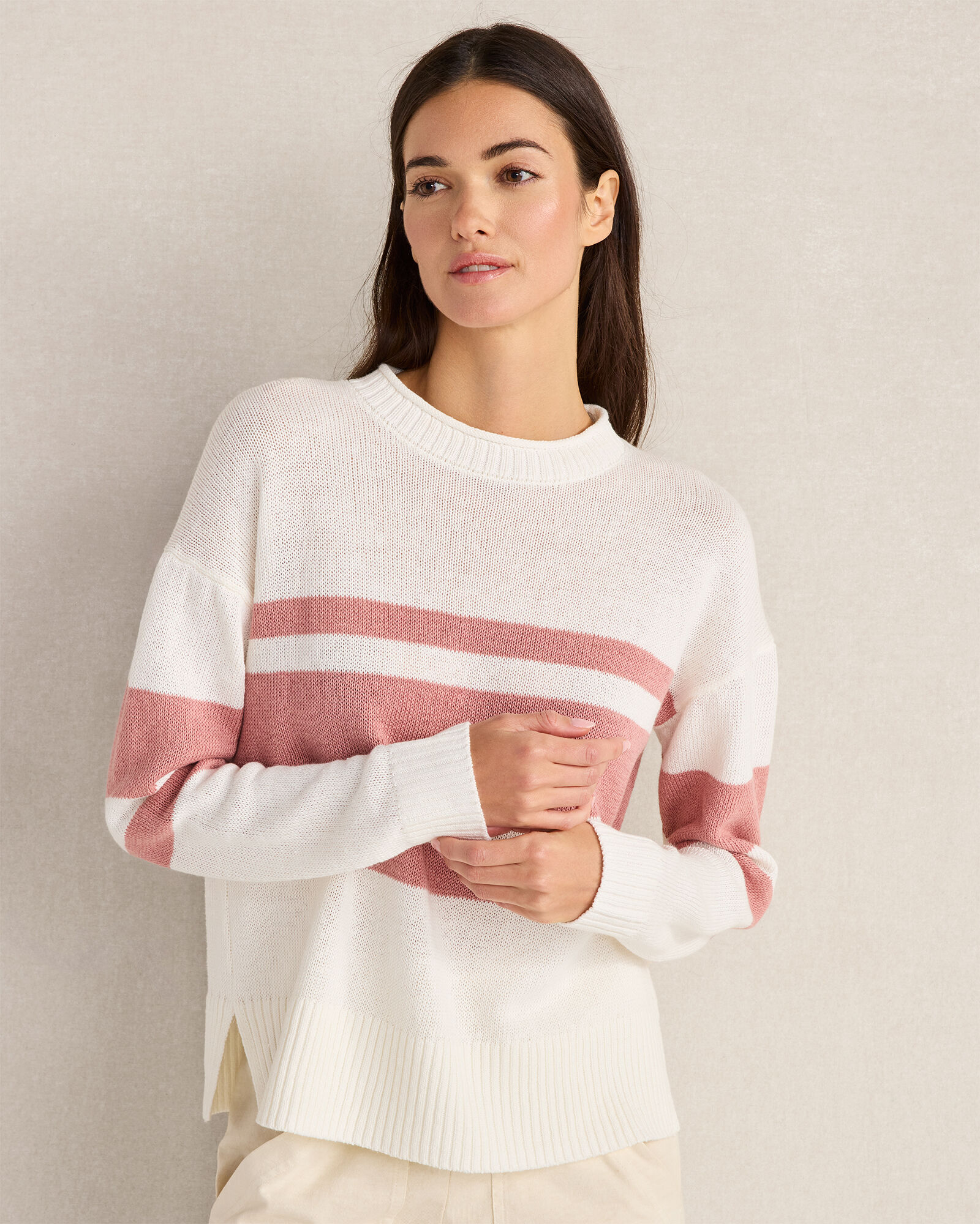 Cotton Linen Stripe Roll Neck Sweater