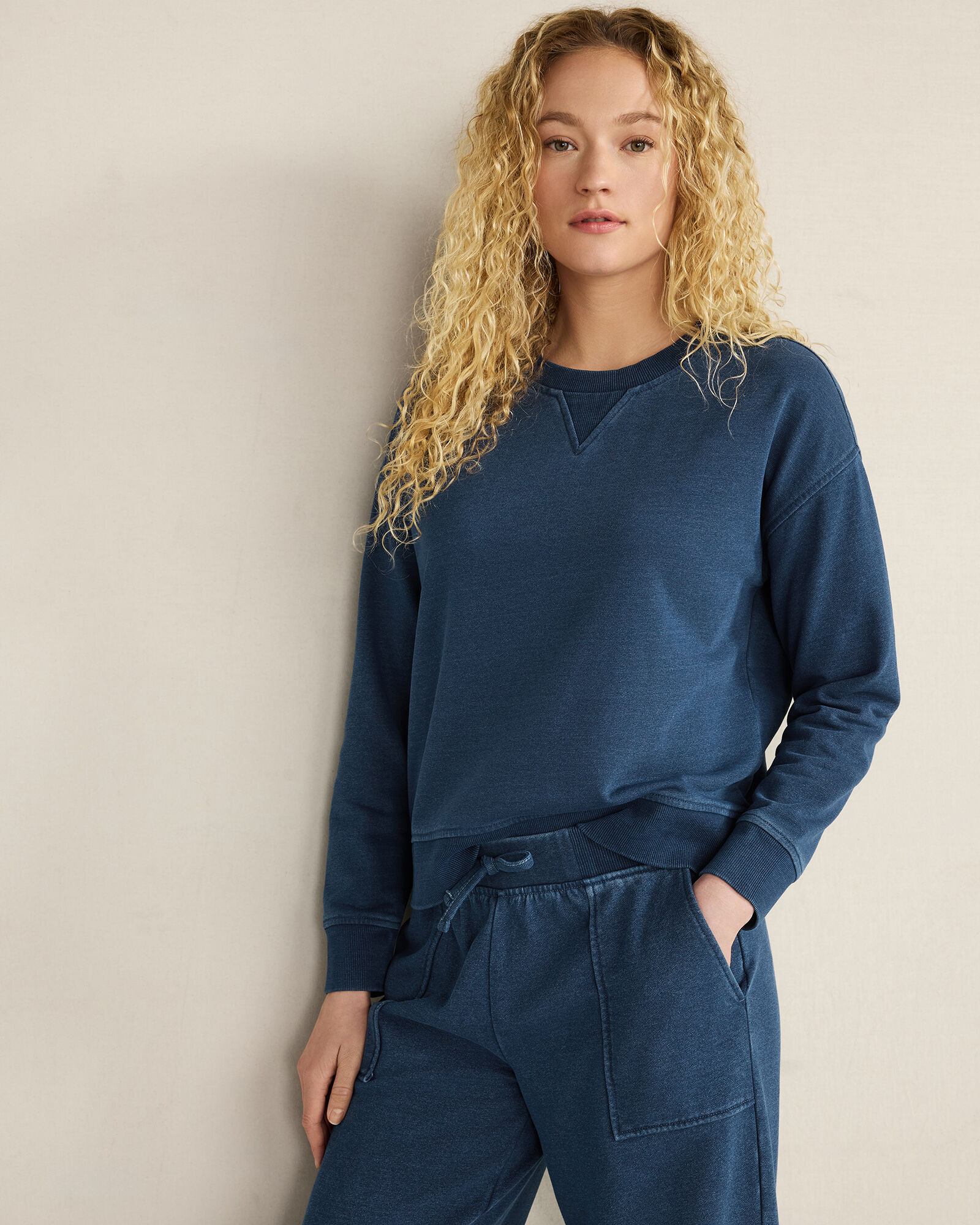 Indigo Washed Cotton Fleece Crewneck Pullover