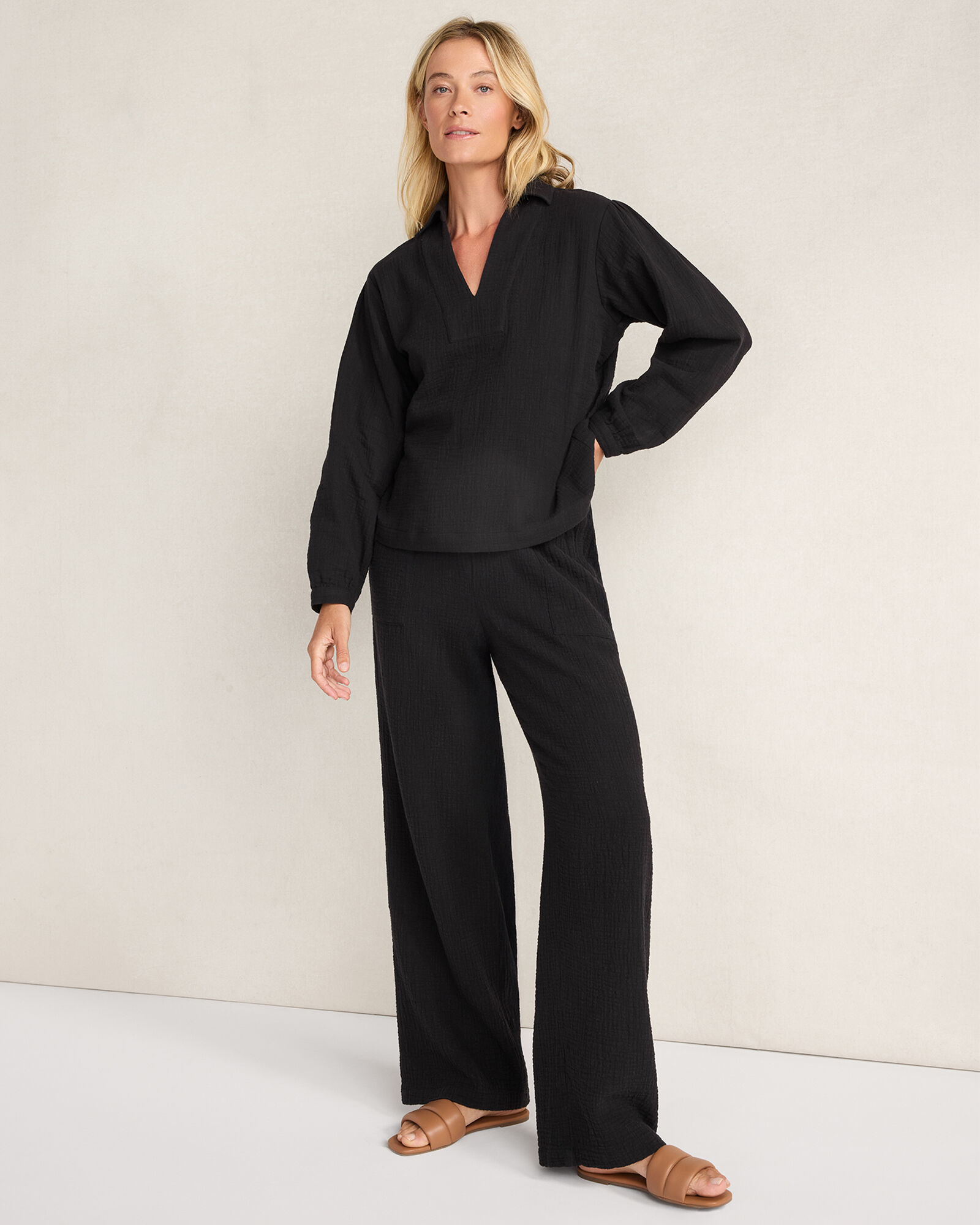 Textured Cotton Gauze Pants