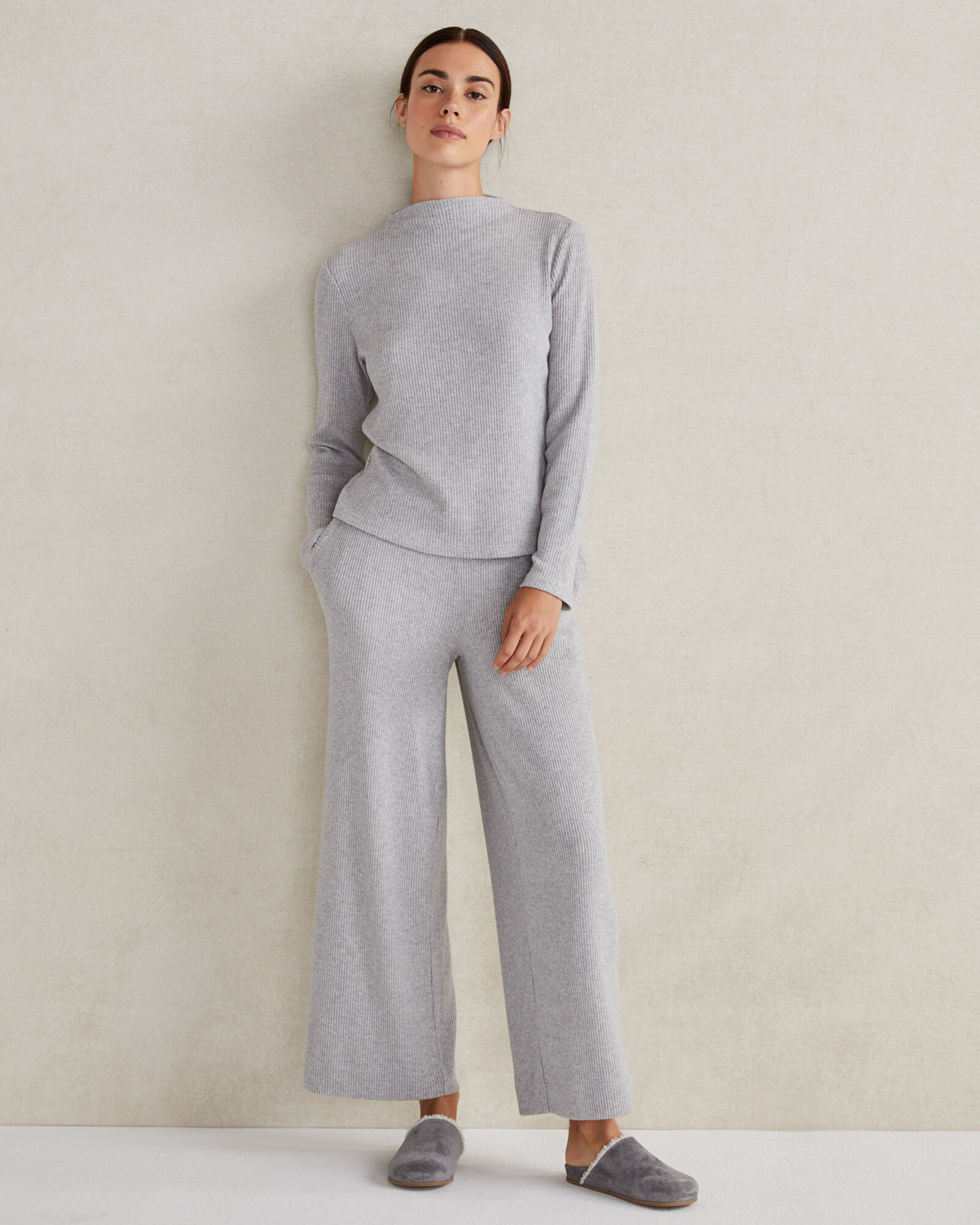 Brushed Rib Knit Wide Leg Pants