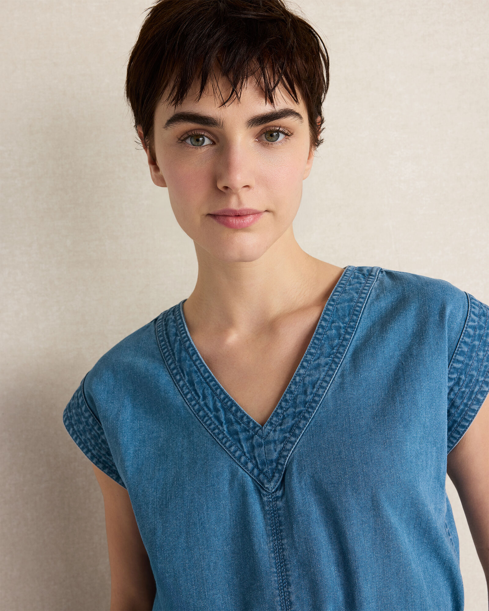 Organic Cotton Denim V-Neck Belted Top