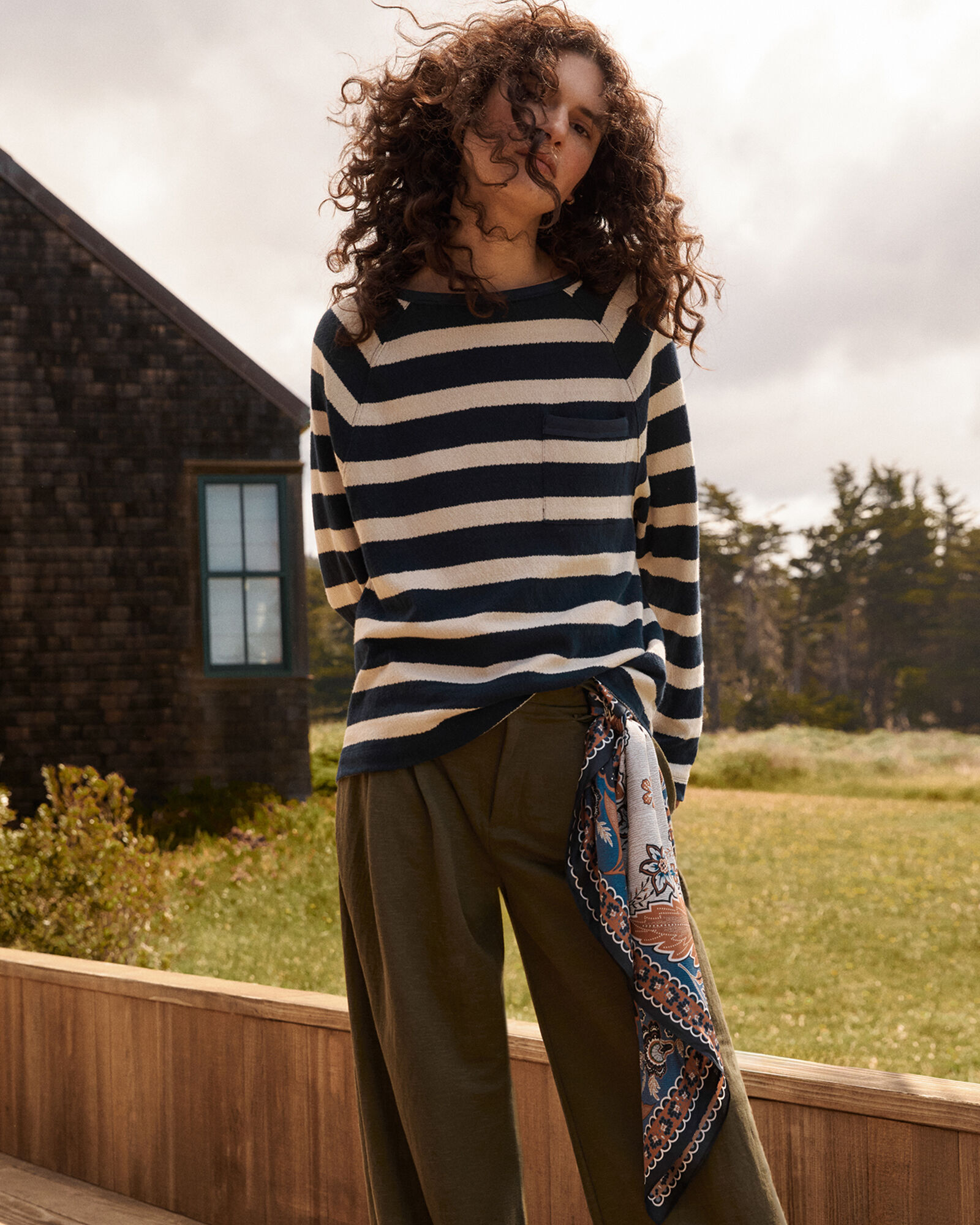 Cotton Slub Jersey Striped Raglan Top