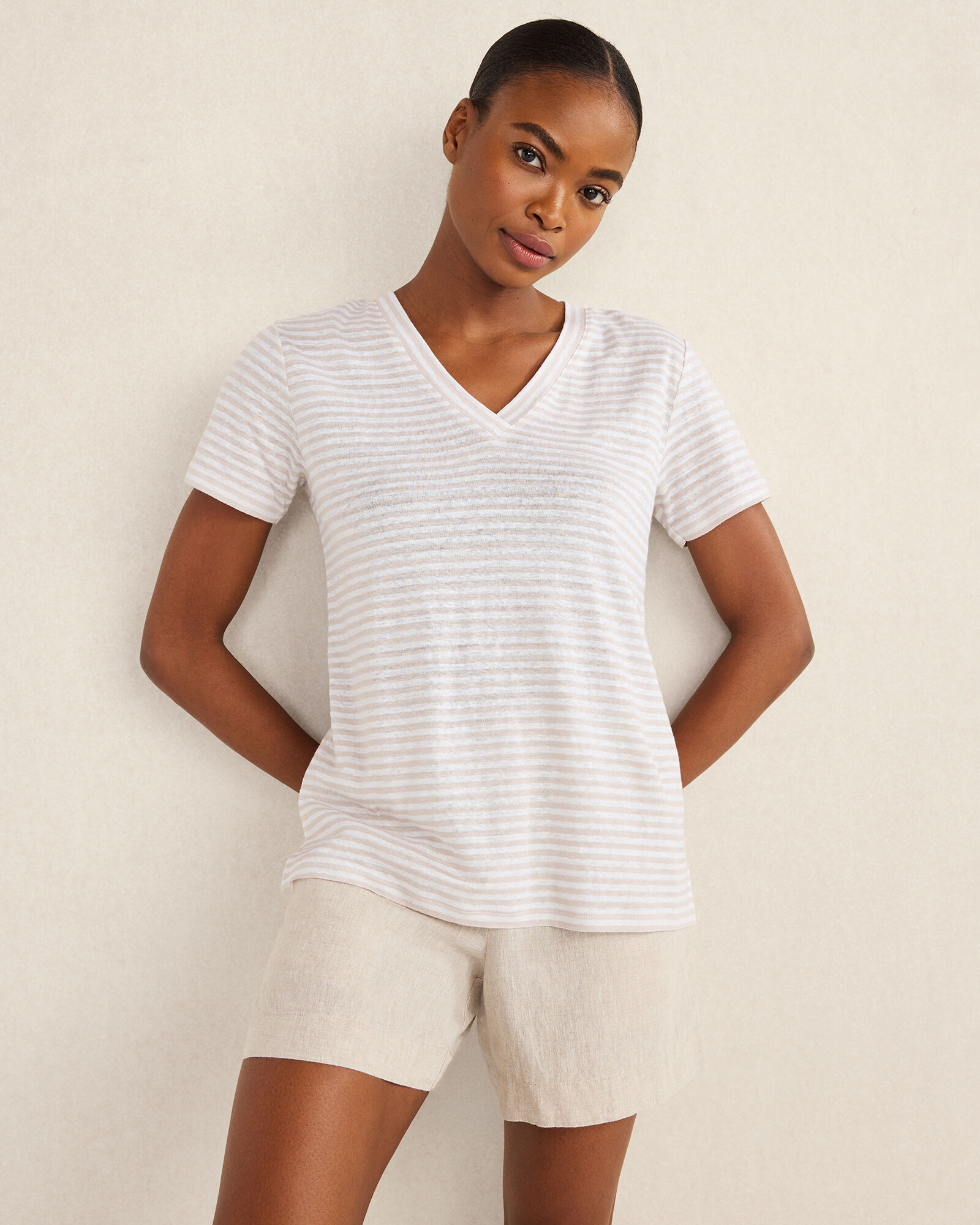 Linen Stripe Short Sleeve V-Neck Tee