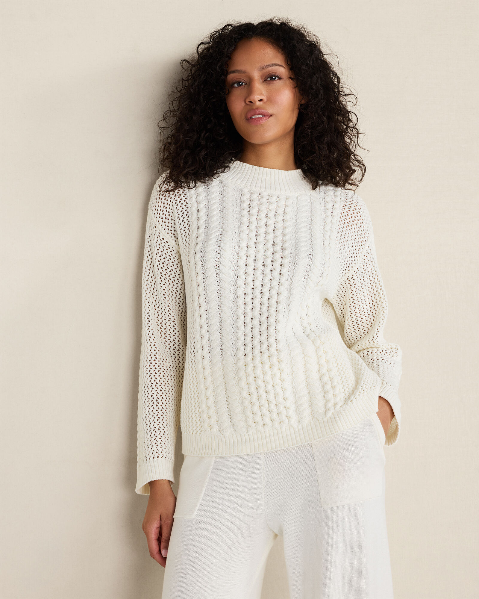 Cotton Blend Mixed Stitch Crewneck Sweater