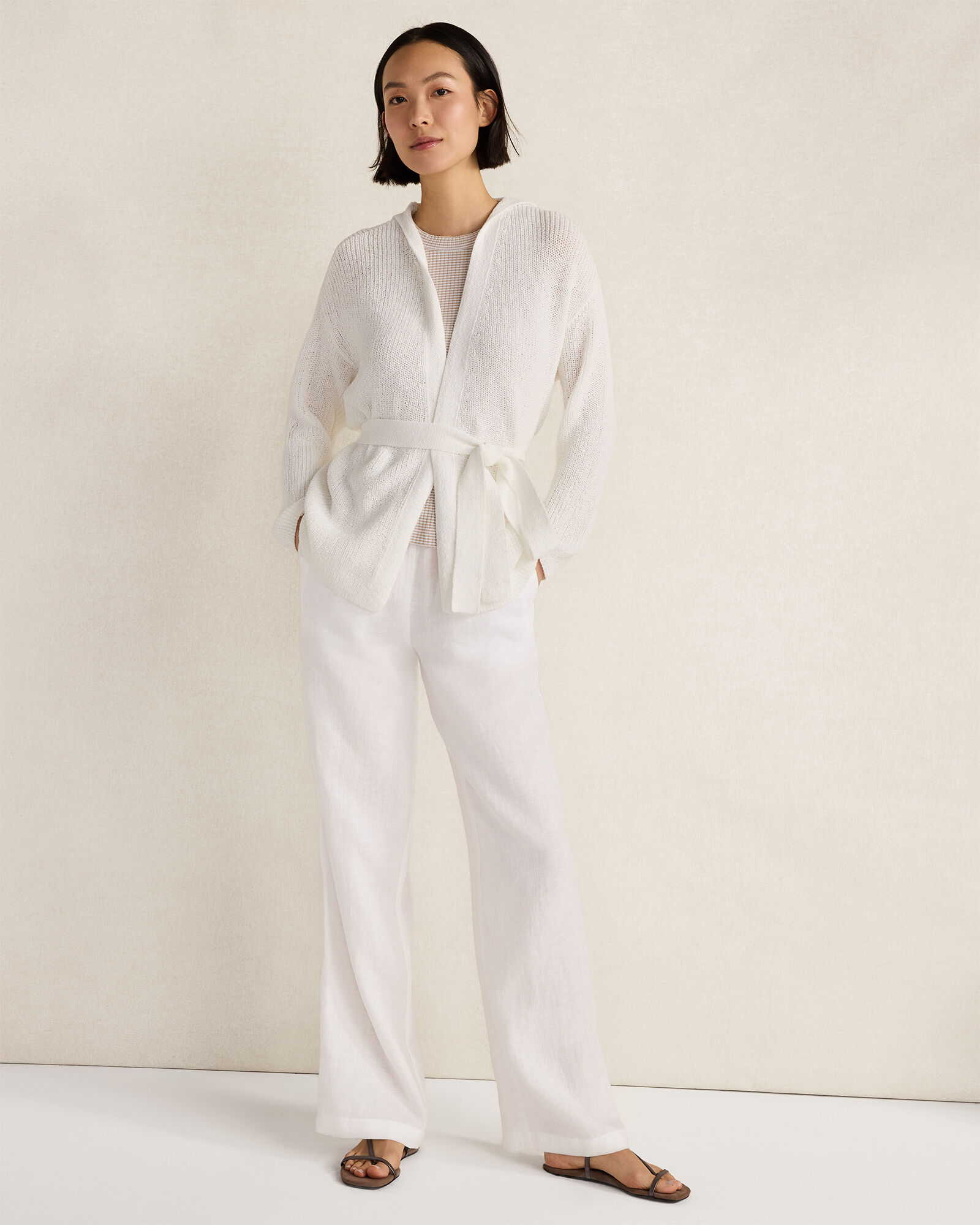 Cotton Blend Tie-Front Hooded Cardigan