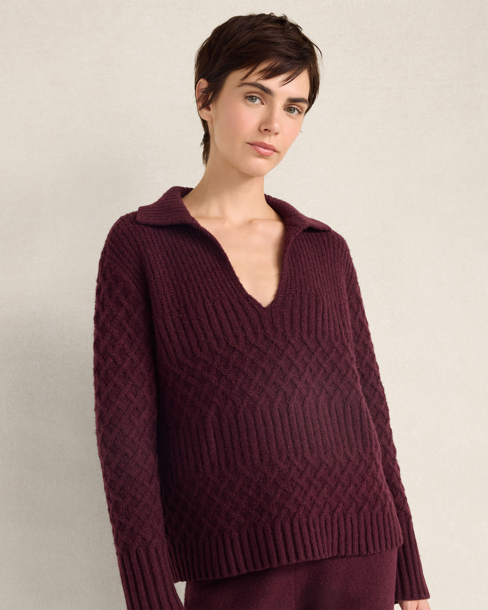 Organic Cotton Blend Cable Knit Johnny Collar Sweater