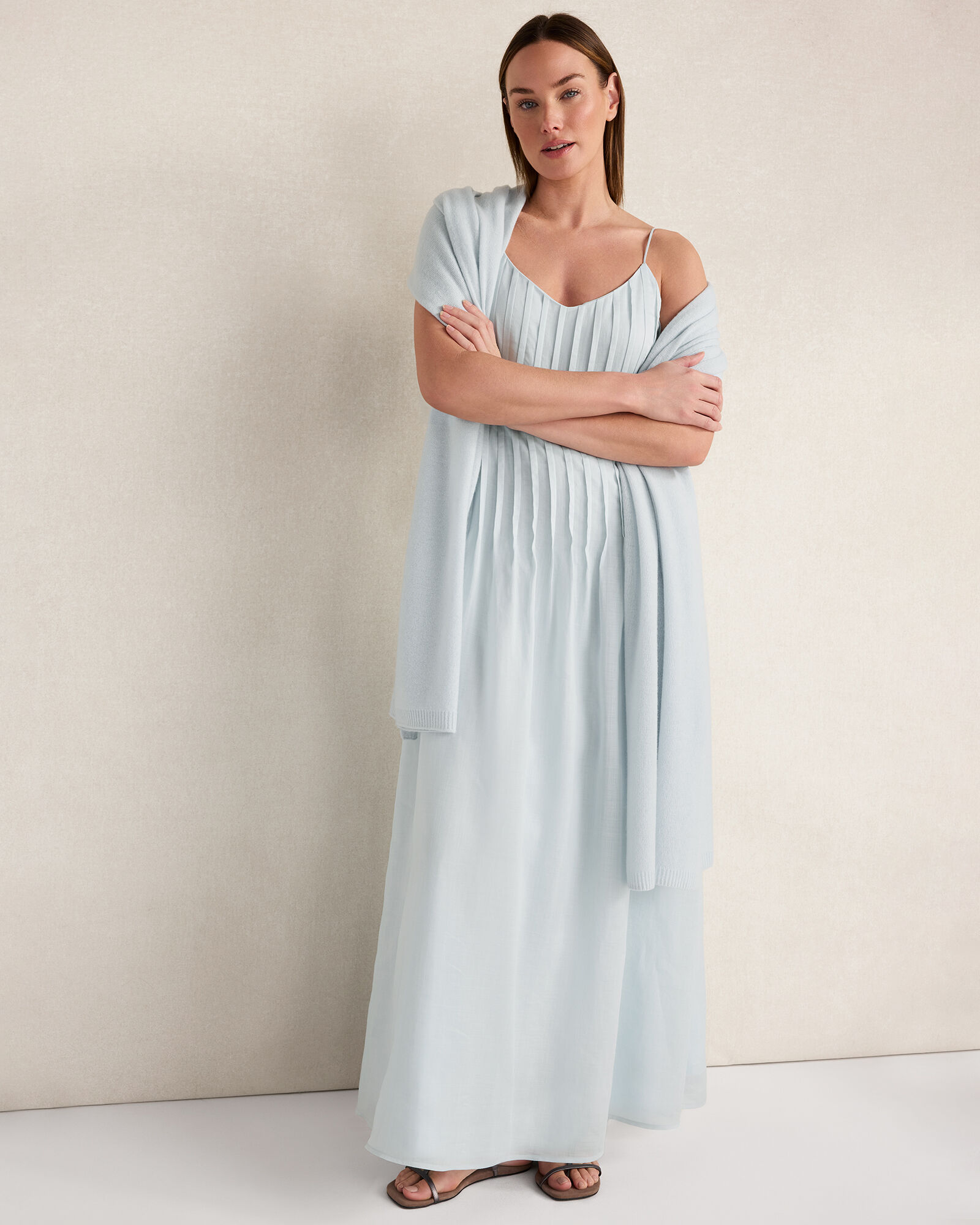 Ramie Blend Pintuck Maxi Dress
