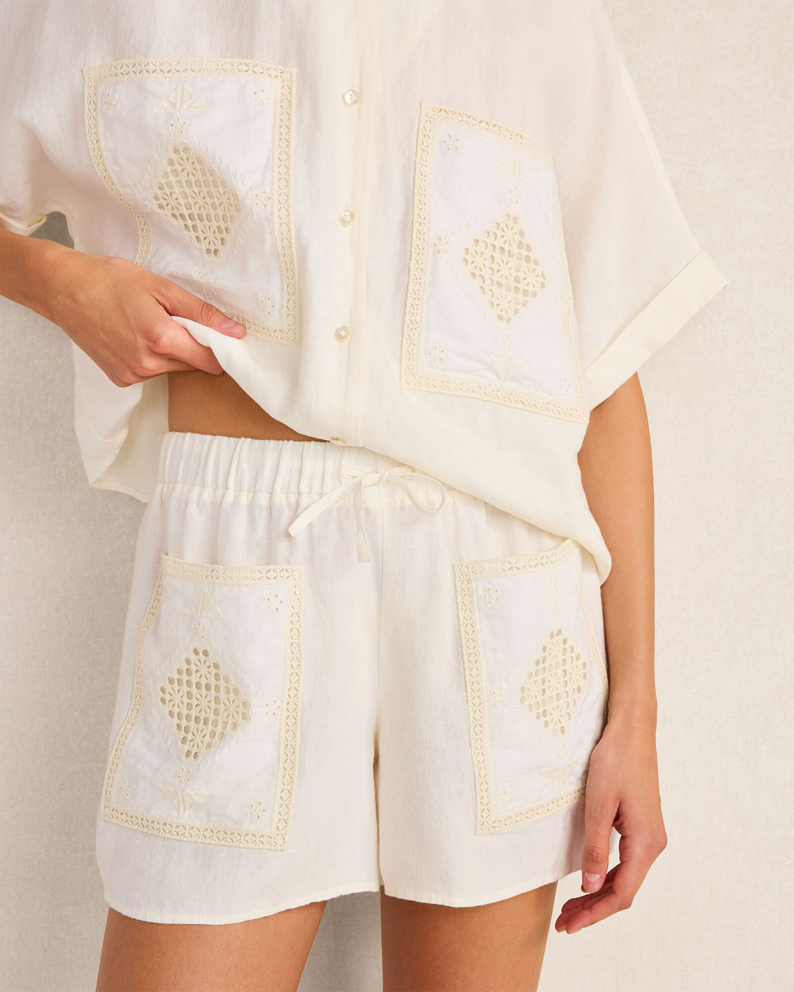 Organic Cotton Linen Embroidered Pocket Shorts