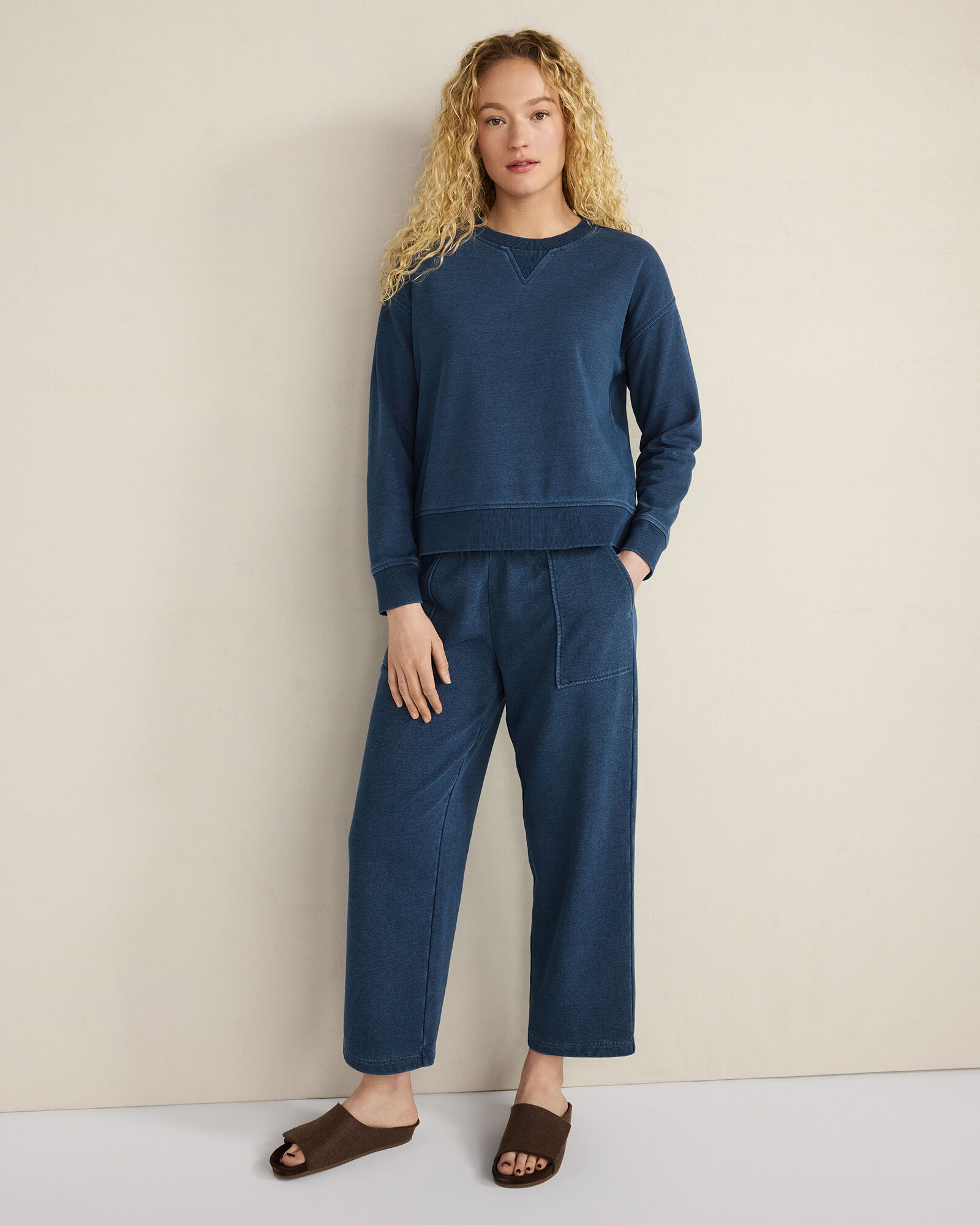 Indigo Washed Cotton Fleece Straight Leg Pants