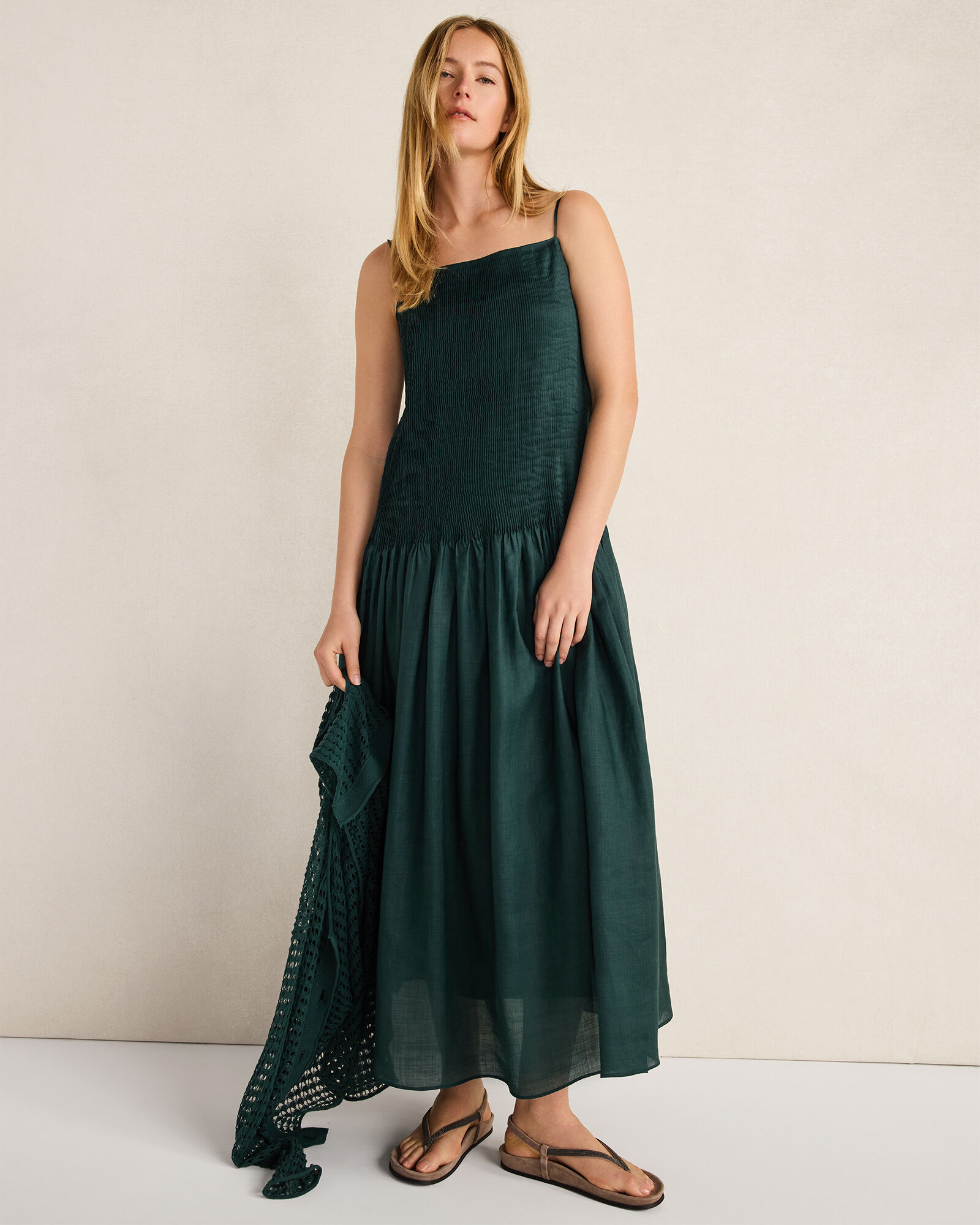 Ramie Blend Pleated Maxi Dress
