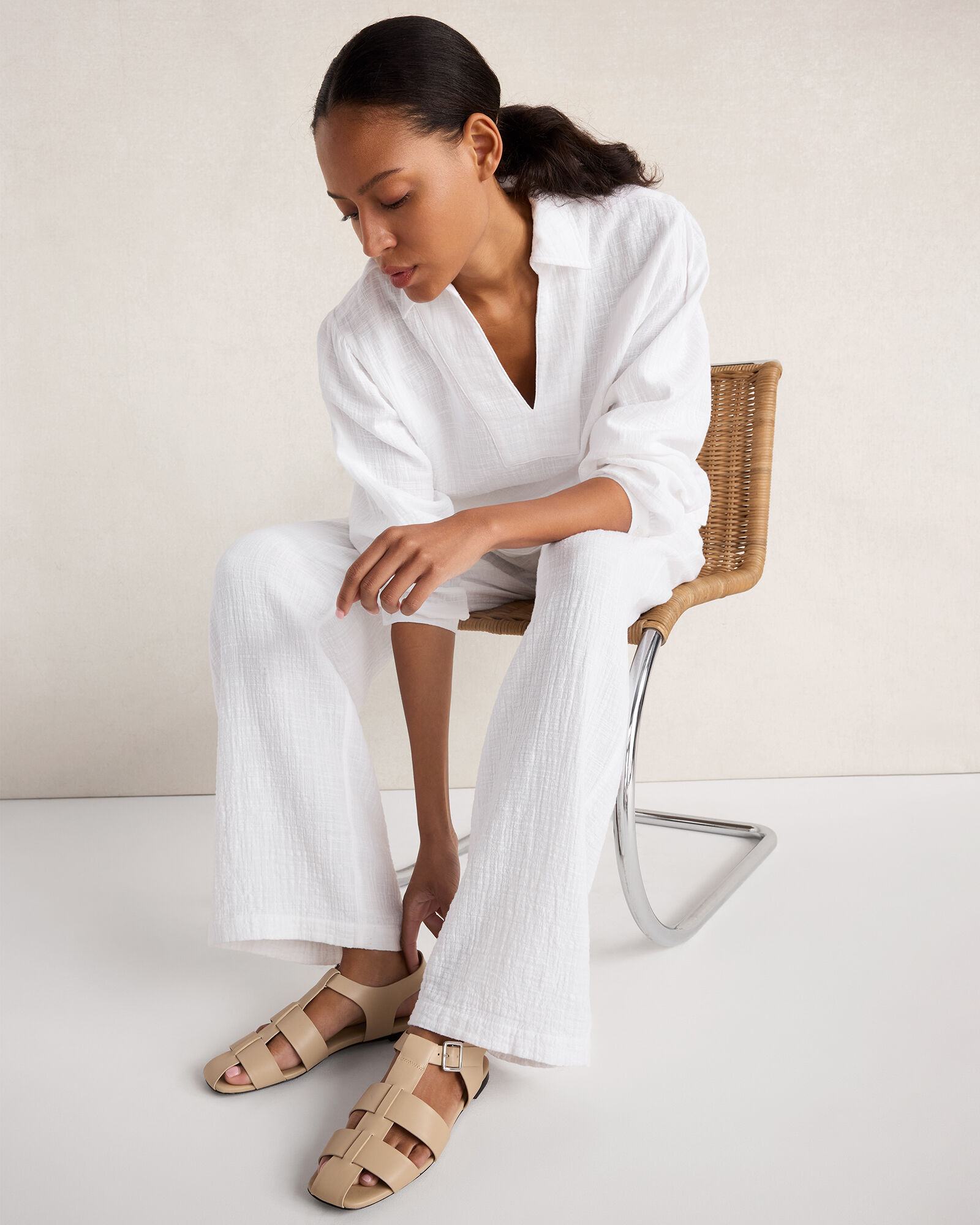 Textured Cotton Gauze Collared Top