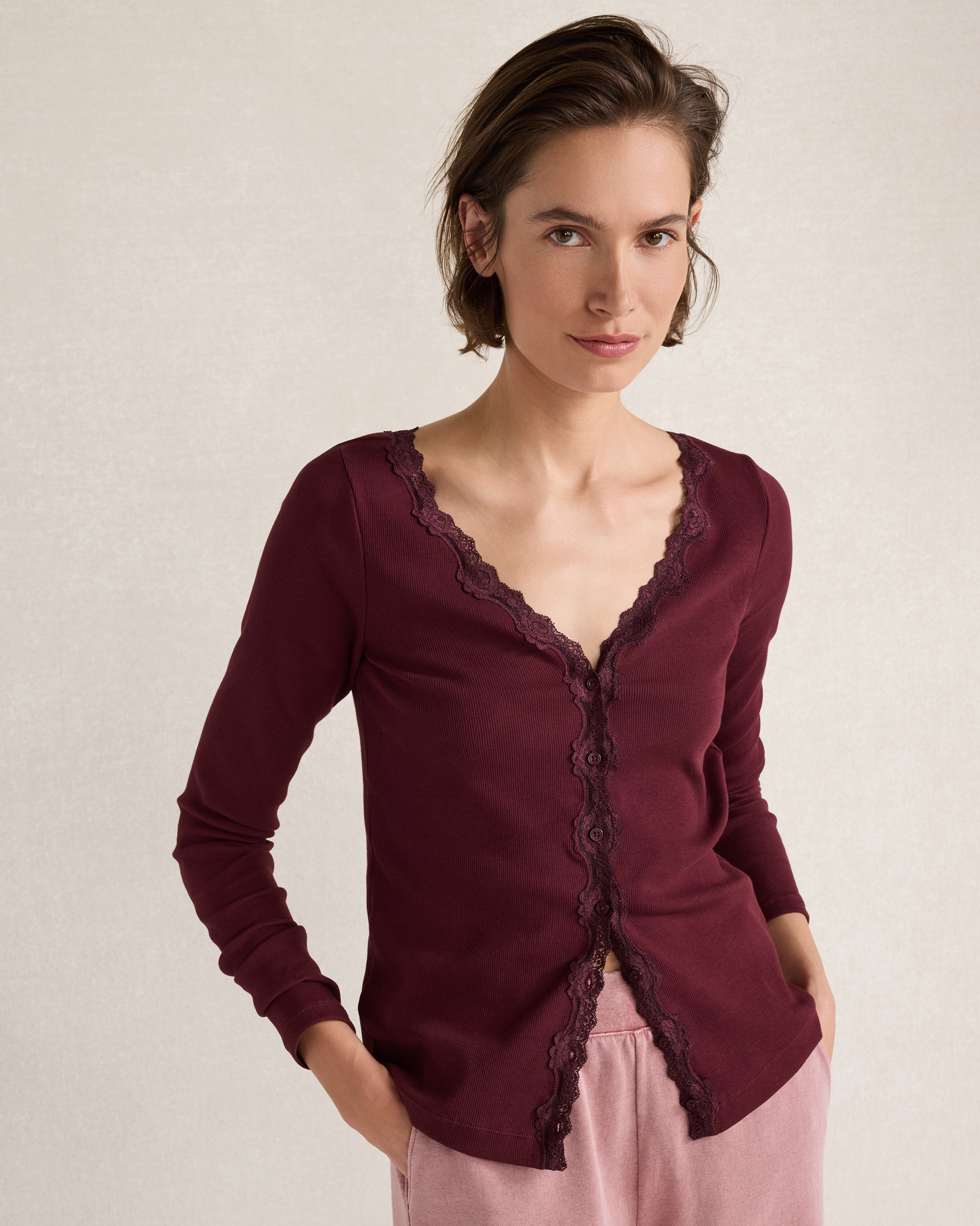 Resti Organic Cotton Rib Knit Lace Cardigan | Deep Merlot | XXL