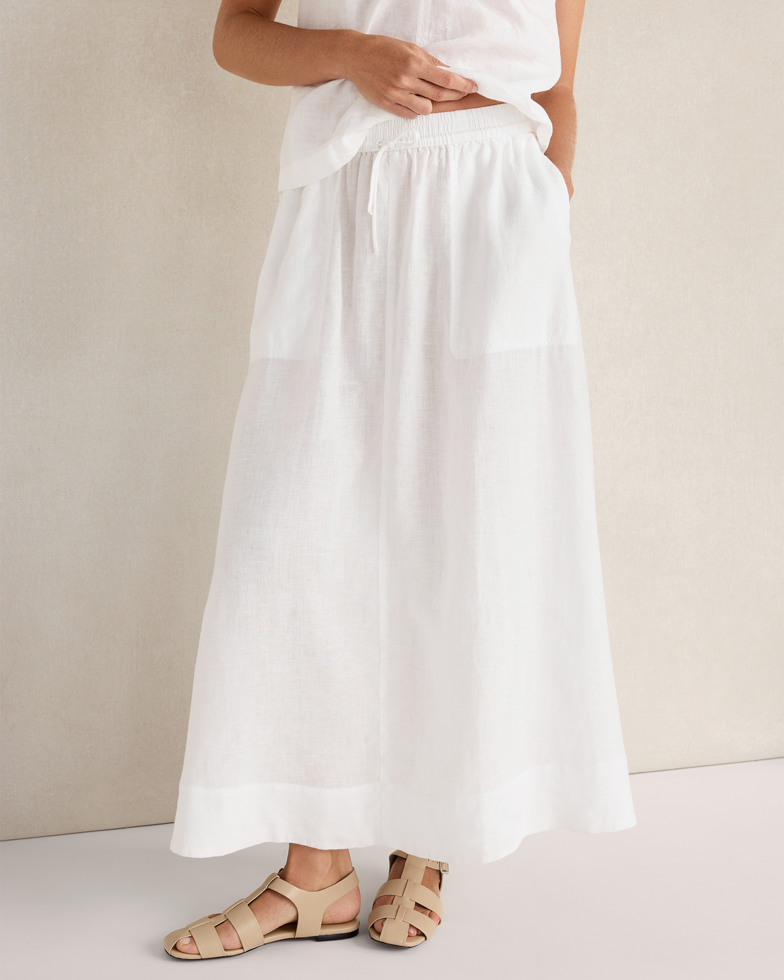 Linen Drawstring Midi Skirt White XXL 148$
