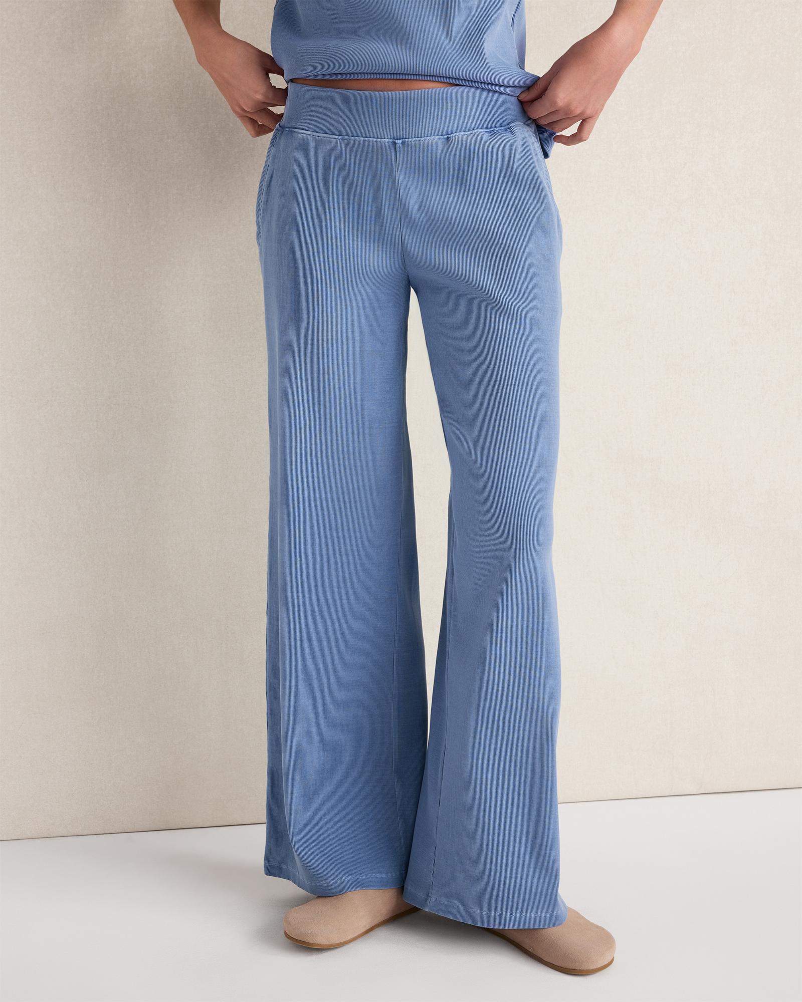 Resti Organic Cotton Rib Knit Wide Leg Pants | Garment Dye Lake | XXL