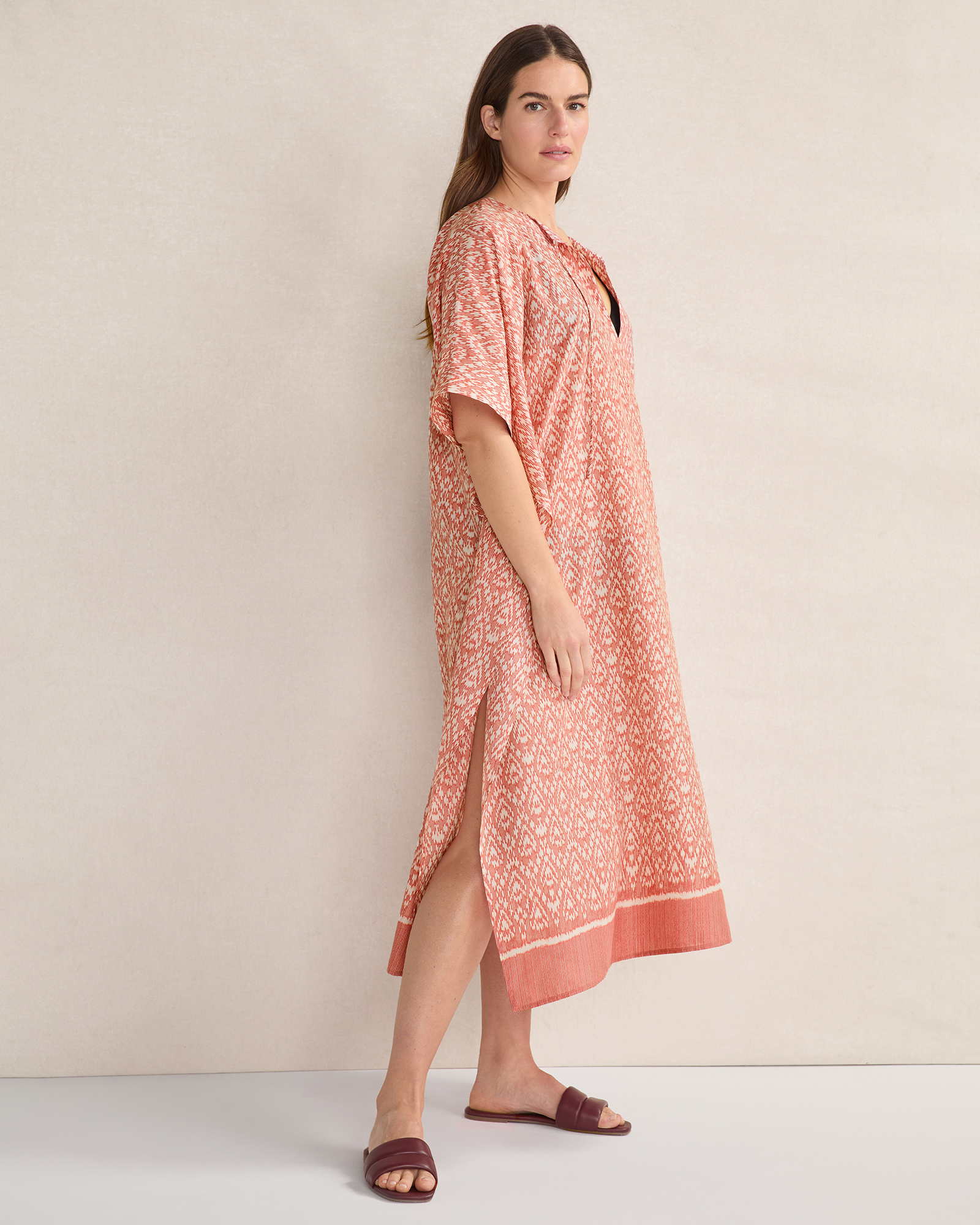 Cotton Voile Blend Ikat Kaftan Tuscan Red Large 130$