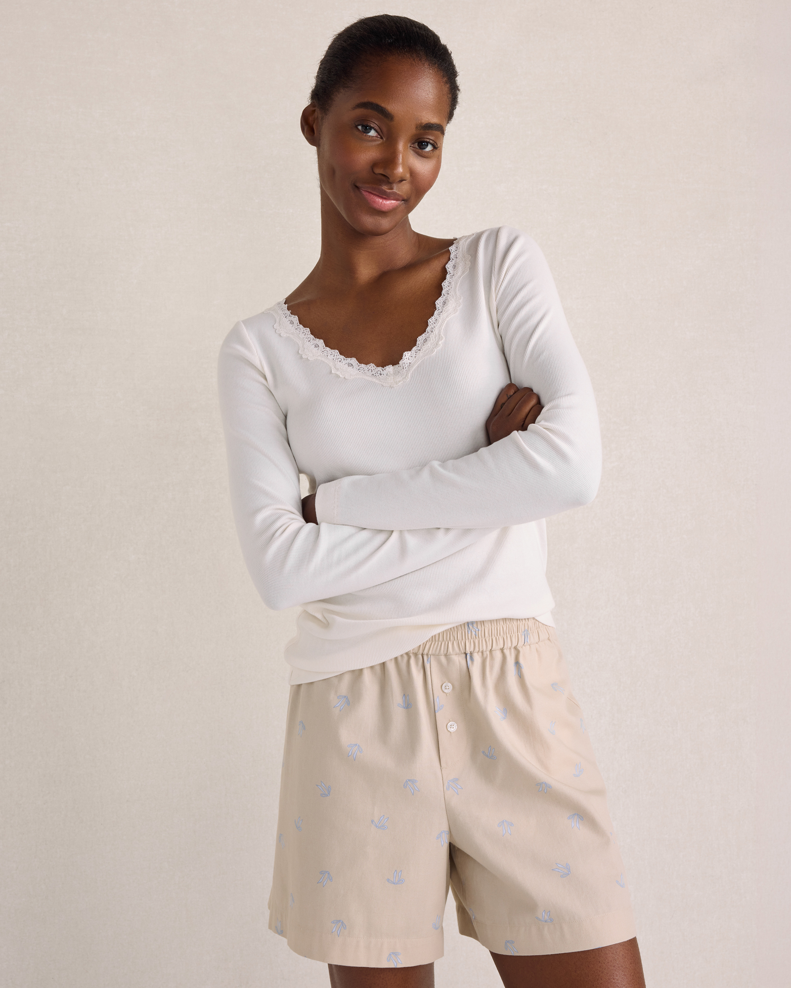 Resti Organic Cotton Rib Lace Long Sleeve Top | White | XXL