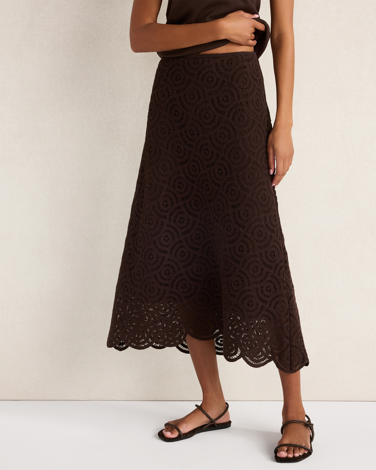 Cotton Crochet Scalloped Midi Skirt Coffee Bean XXL 148$