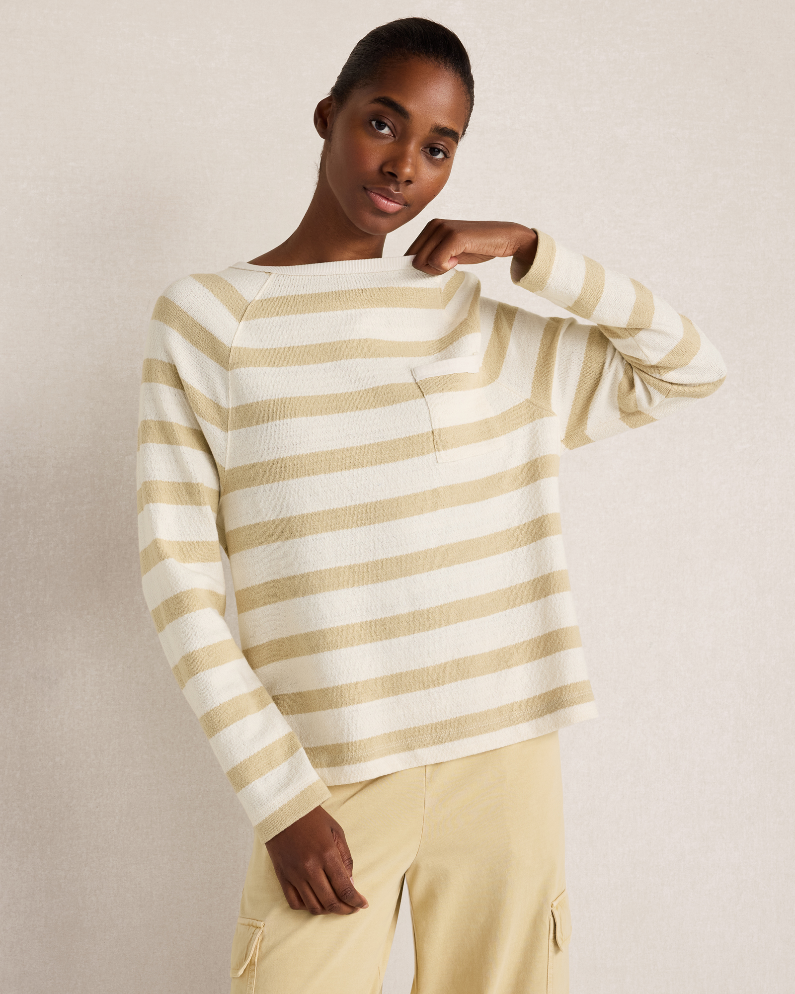Cotton Slub Jersey Striped Raglan Top | White/Cortado | XXL