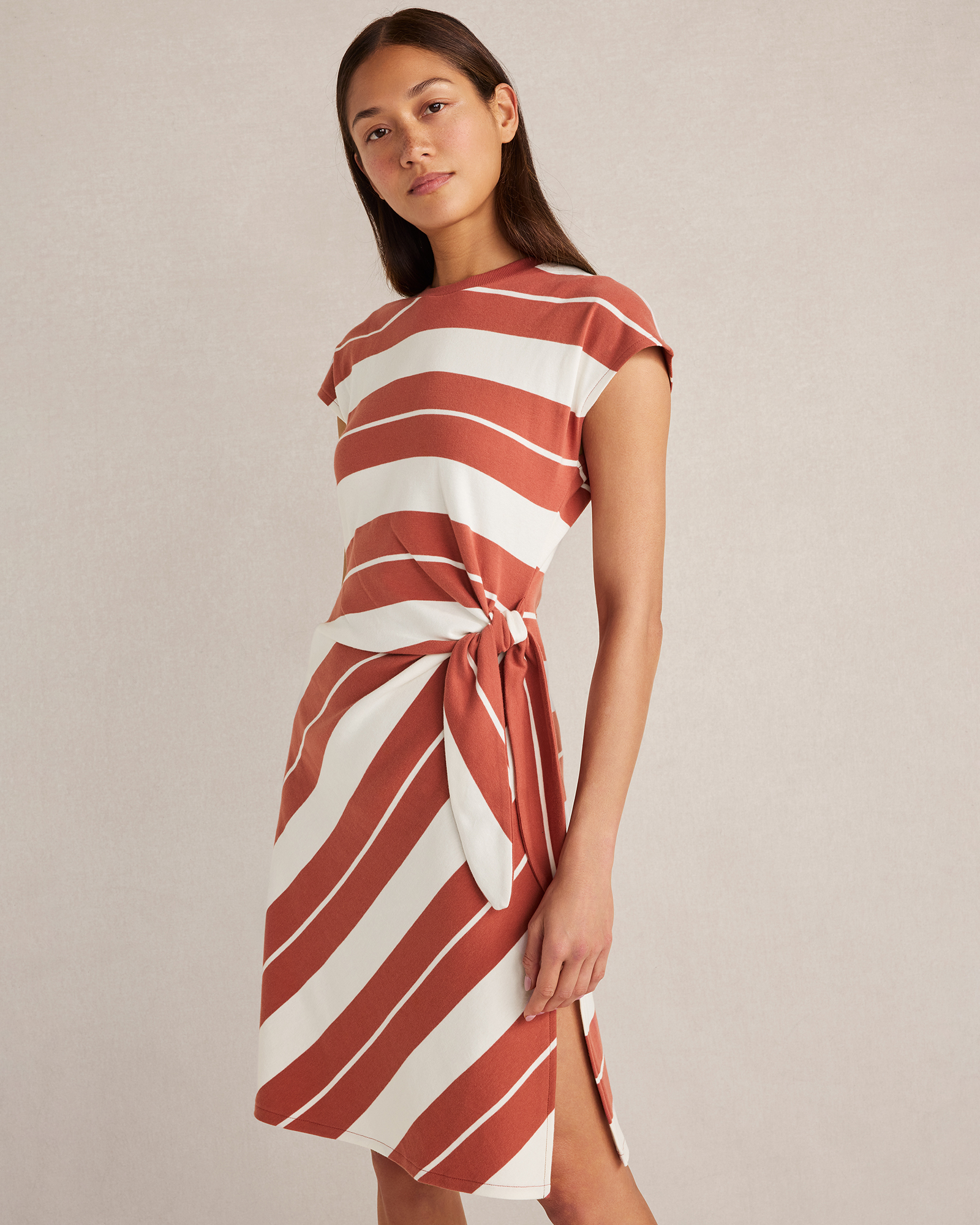 Organic Cotton Interlock Stripe Mini Knot Dress Stripe WhiteHibiscus Small 80$