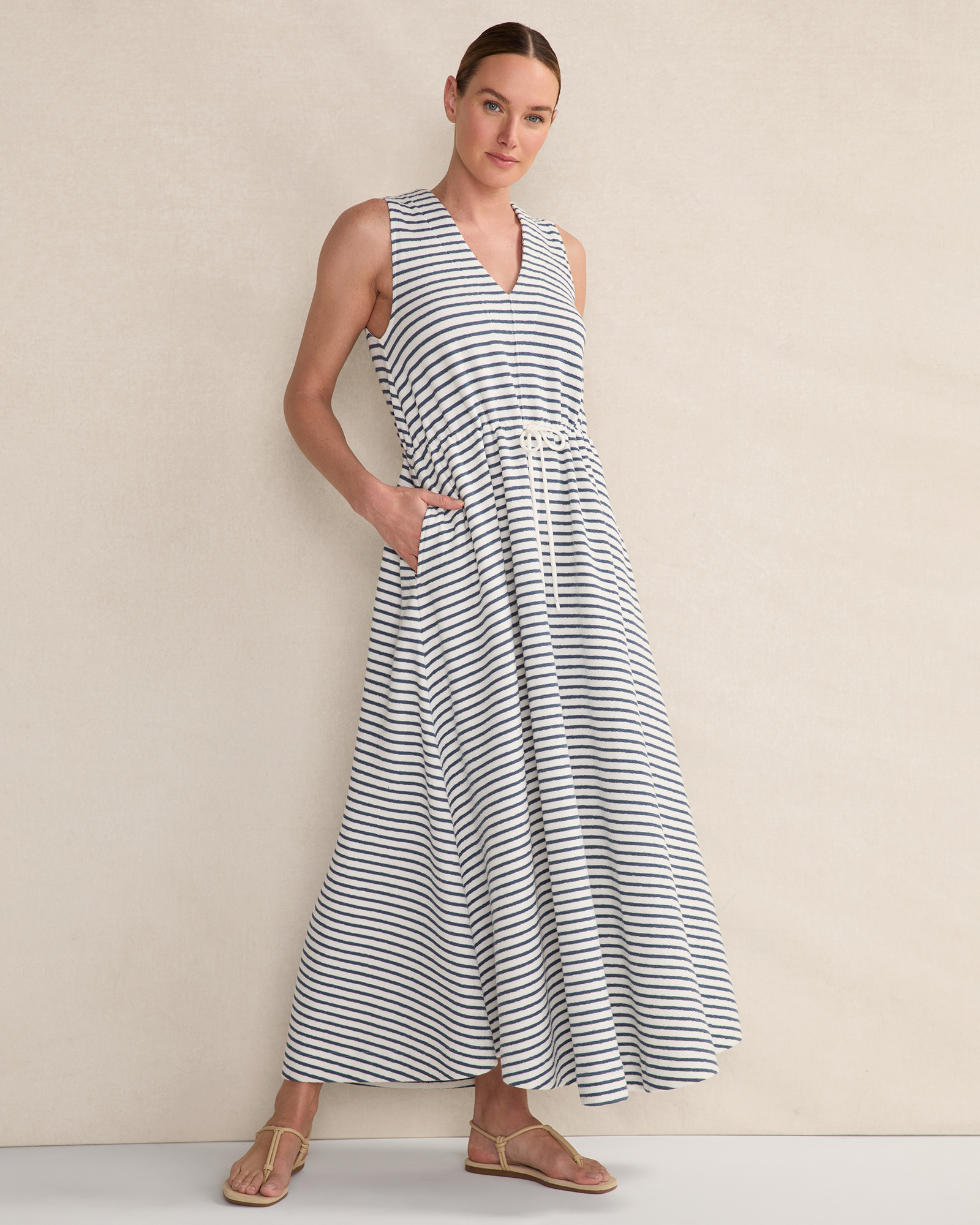 Cotton Blend Textured Stripe Midi Dress WhiteIndigo Large 100$