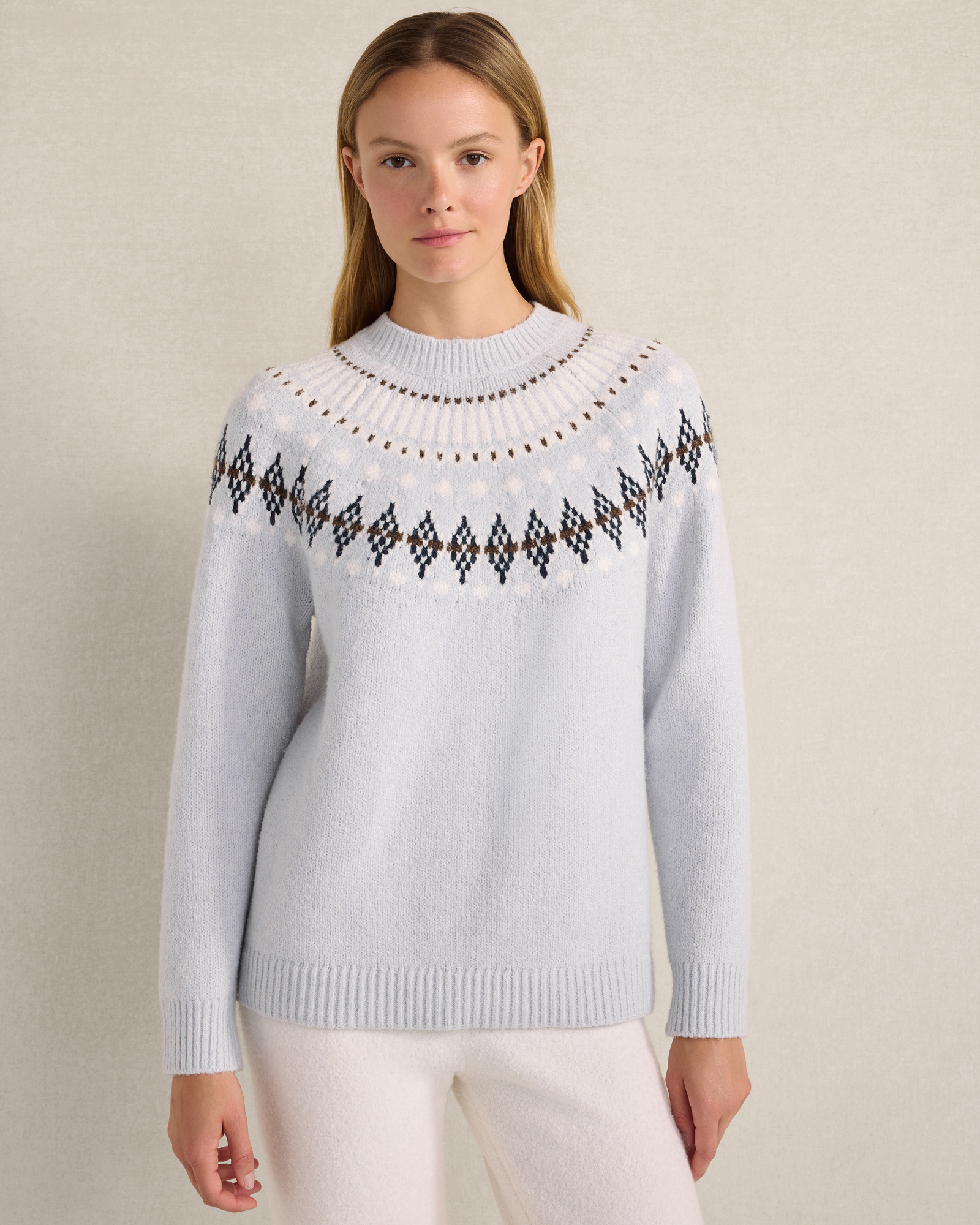 Organic Cotton Blend Fair Isle Crewneck Sweater | Glacier Frost Multicolor | XXL