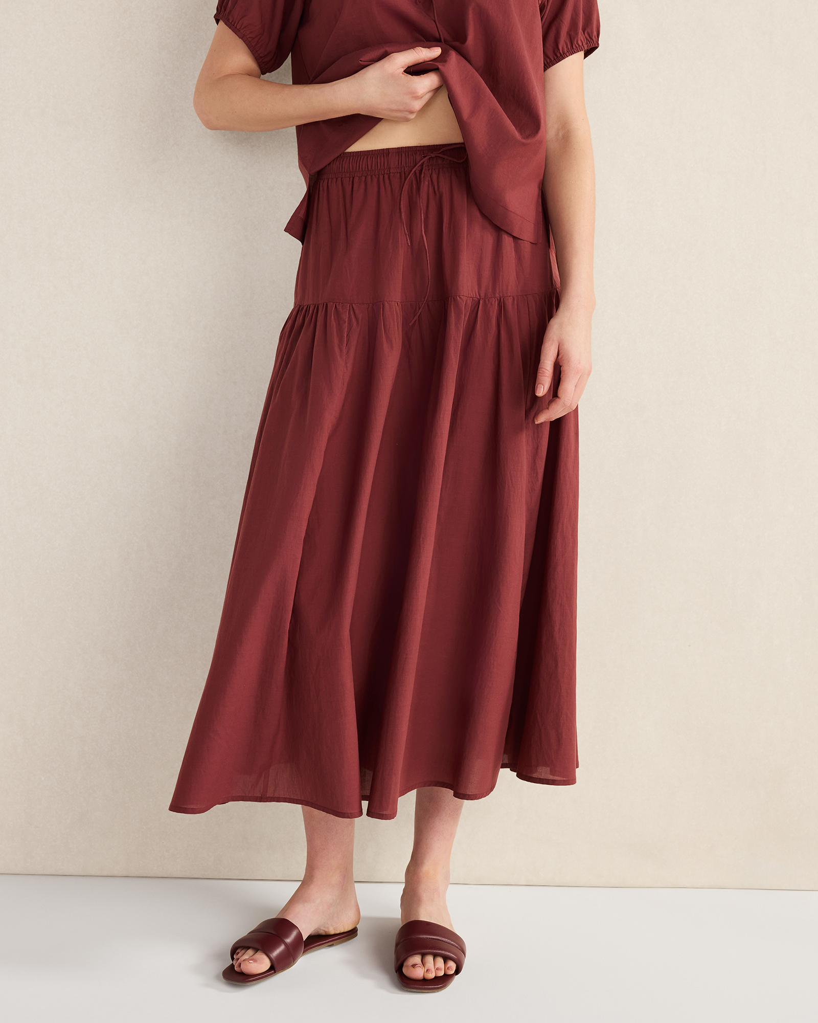 Cotton Voile Blend Drop Waist Midi Skirt Garnet Medium 120$