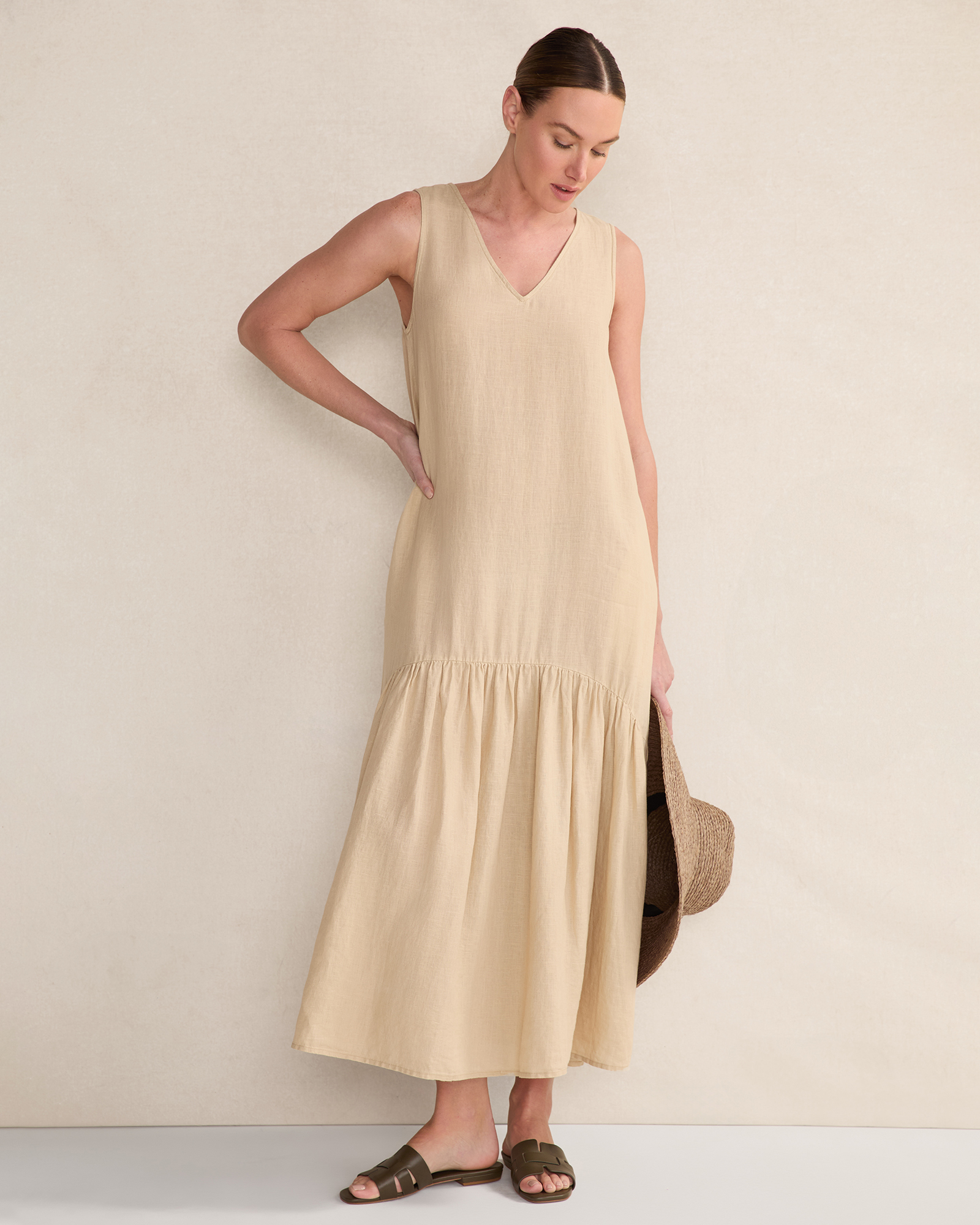 Linen V-Neck Tiered Midi Dress Cortado Medium 110$