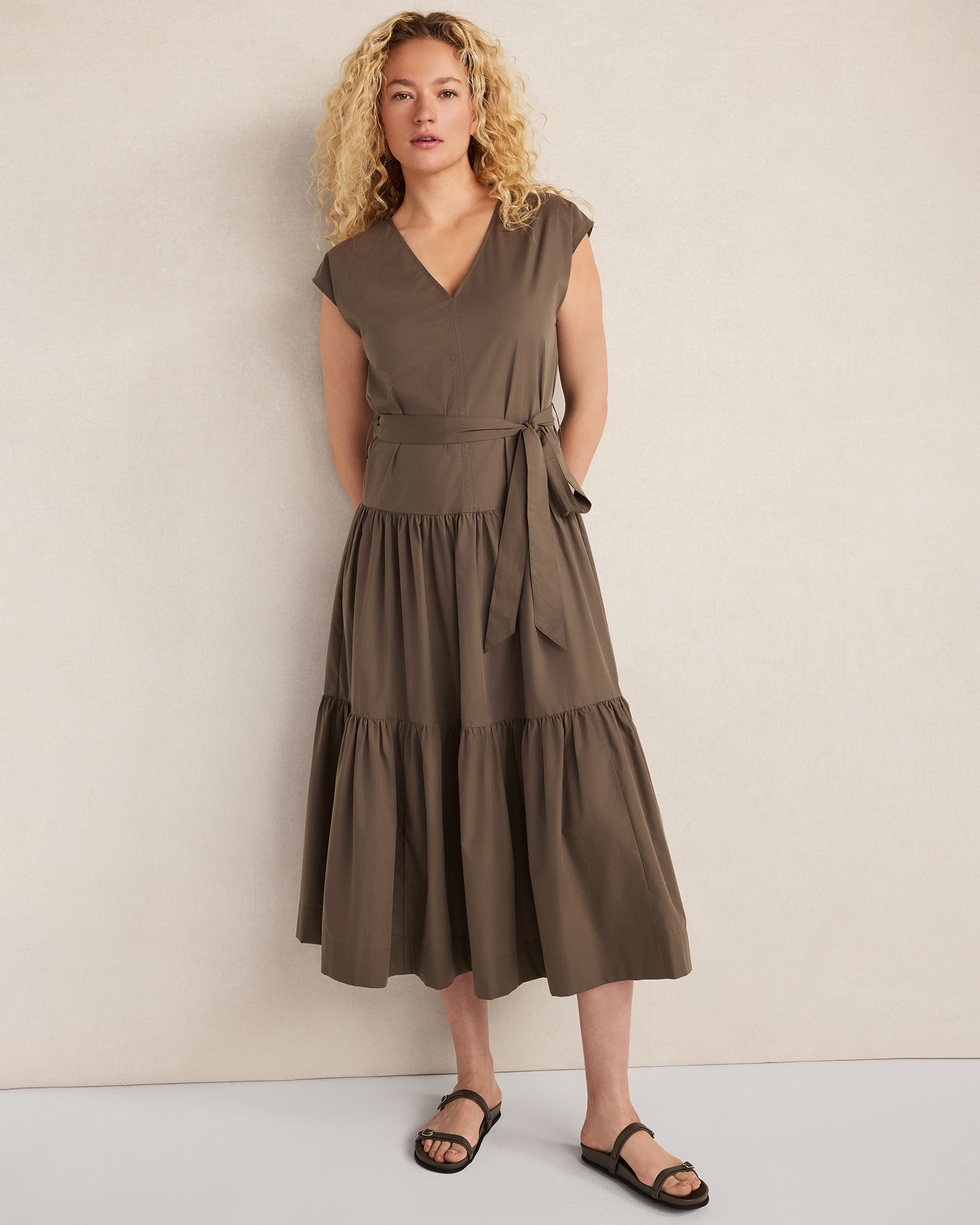 Organic Cotton Poplin Tiered Midi Dress Slate Brown Small 110$