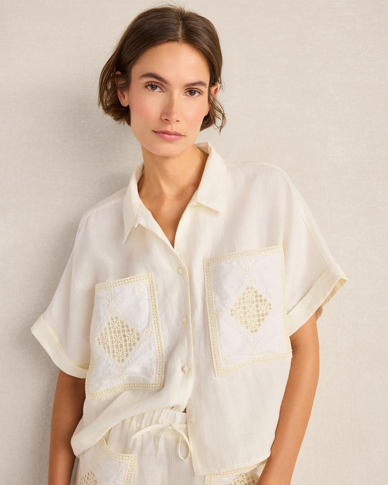 Organic Cotton Linen Embroidered Pocket Top | White | XXS