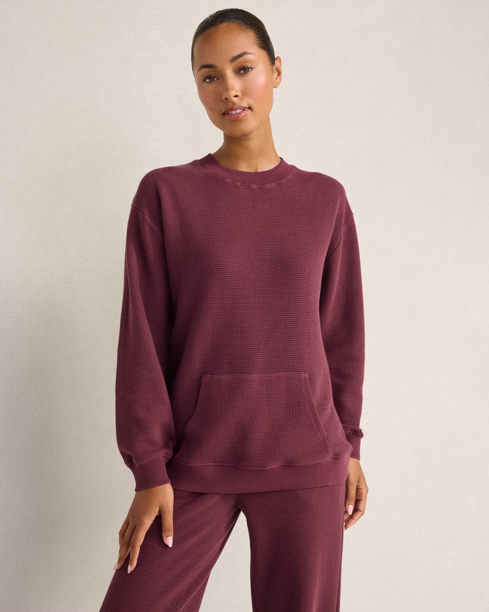 Resti Organic Cotton Waffle Pocket Crewneck | Garment Dye Deep Merlot | XXL