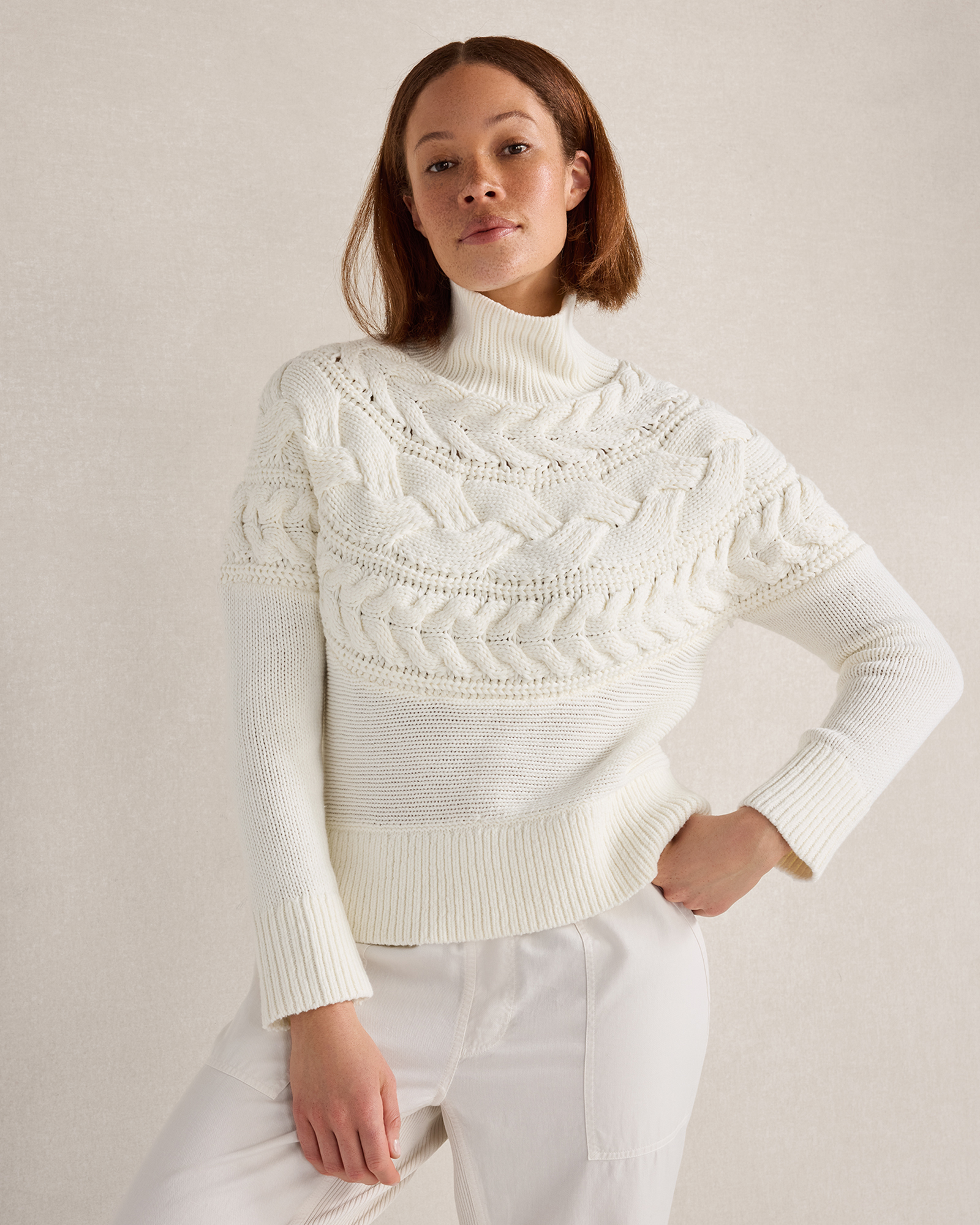 Cotton Blend Cable Mockneck Sweater | White | XXL