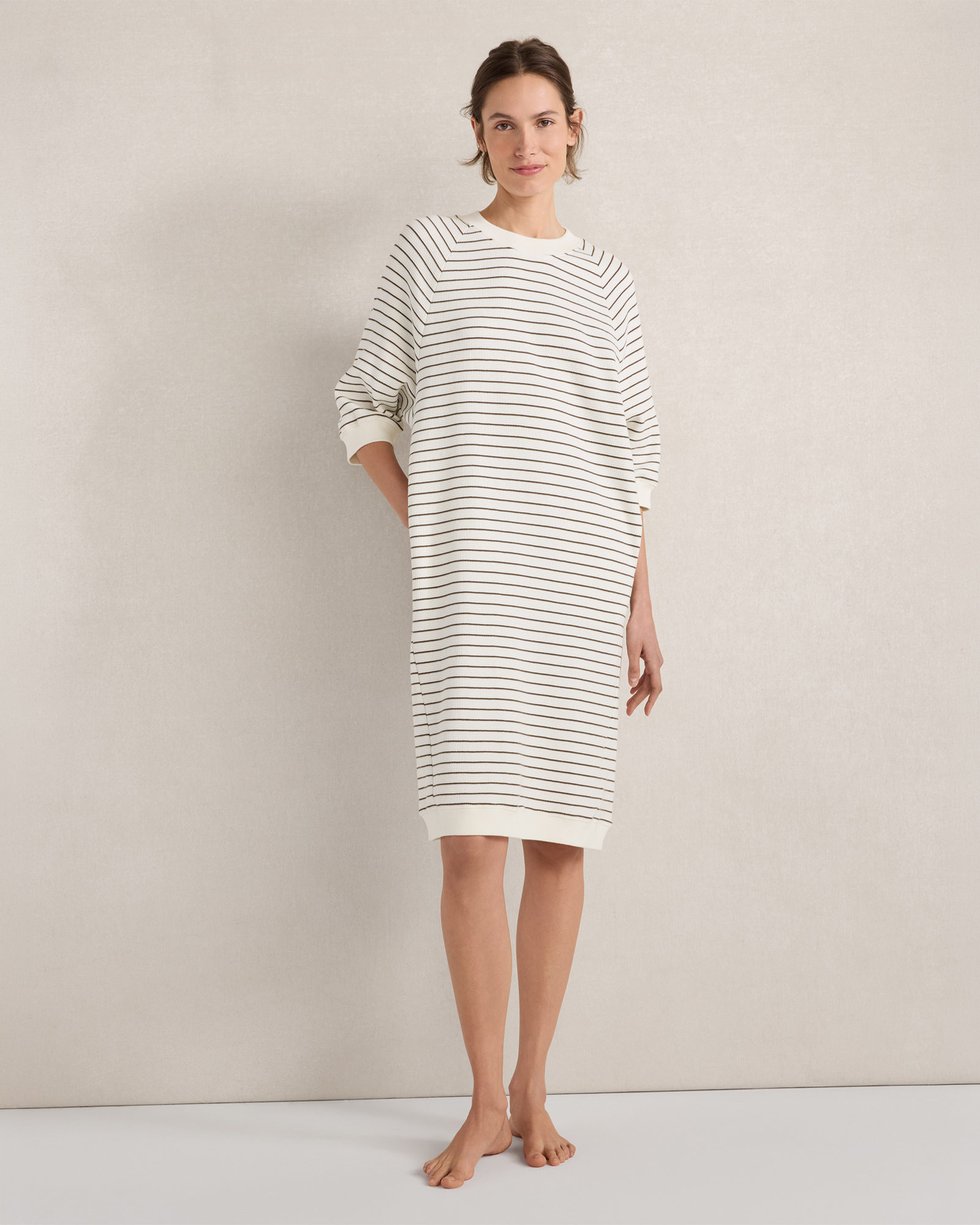 Resti Organic Cotton Waffle Striped Short Sleeve Dress | Natural/Deep Mocha | XXL