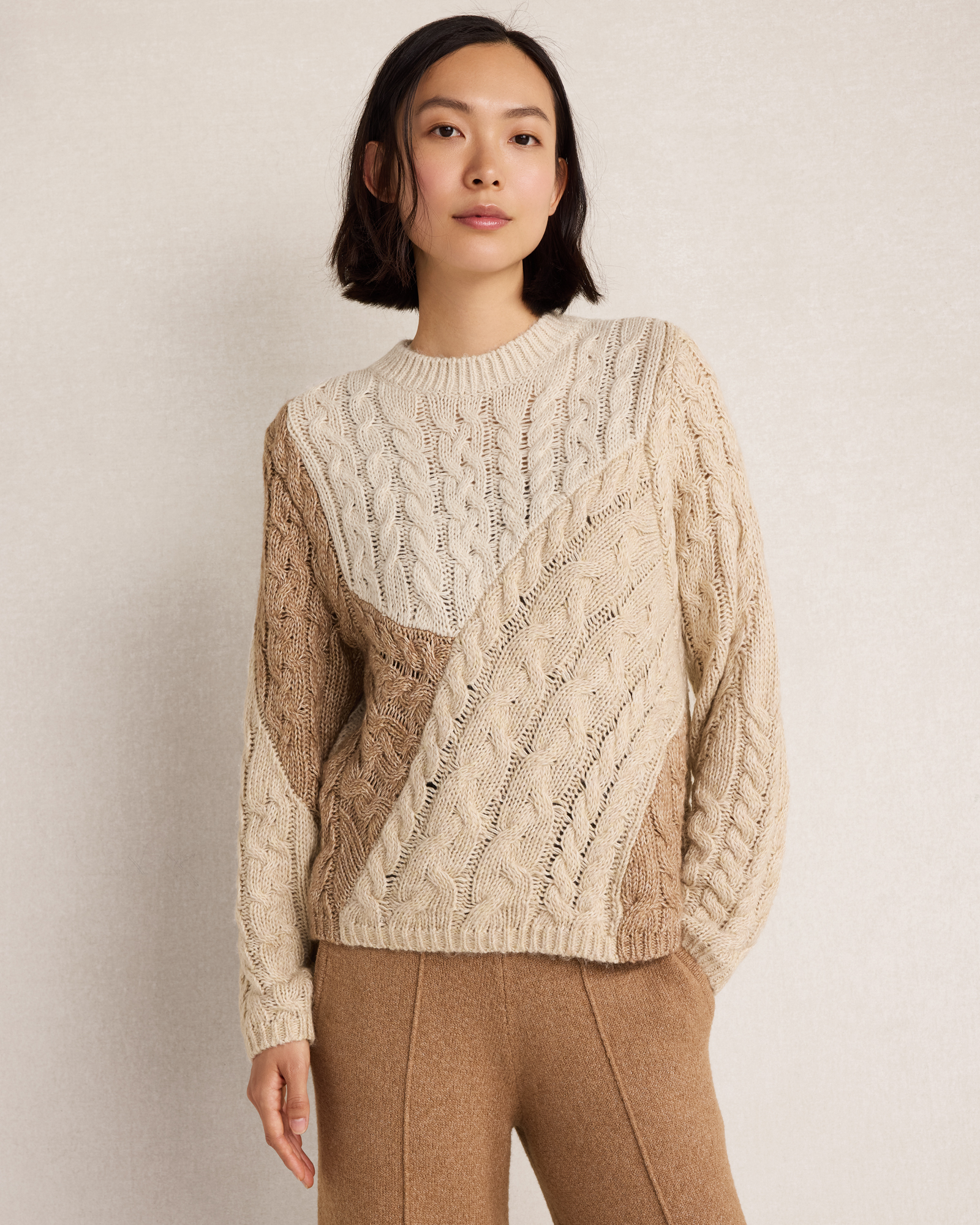Cotton Blend Patchwork Cableknit Sweater | Neutral Patchwork | Medium