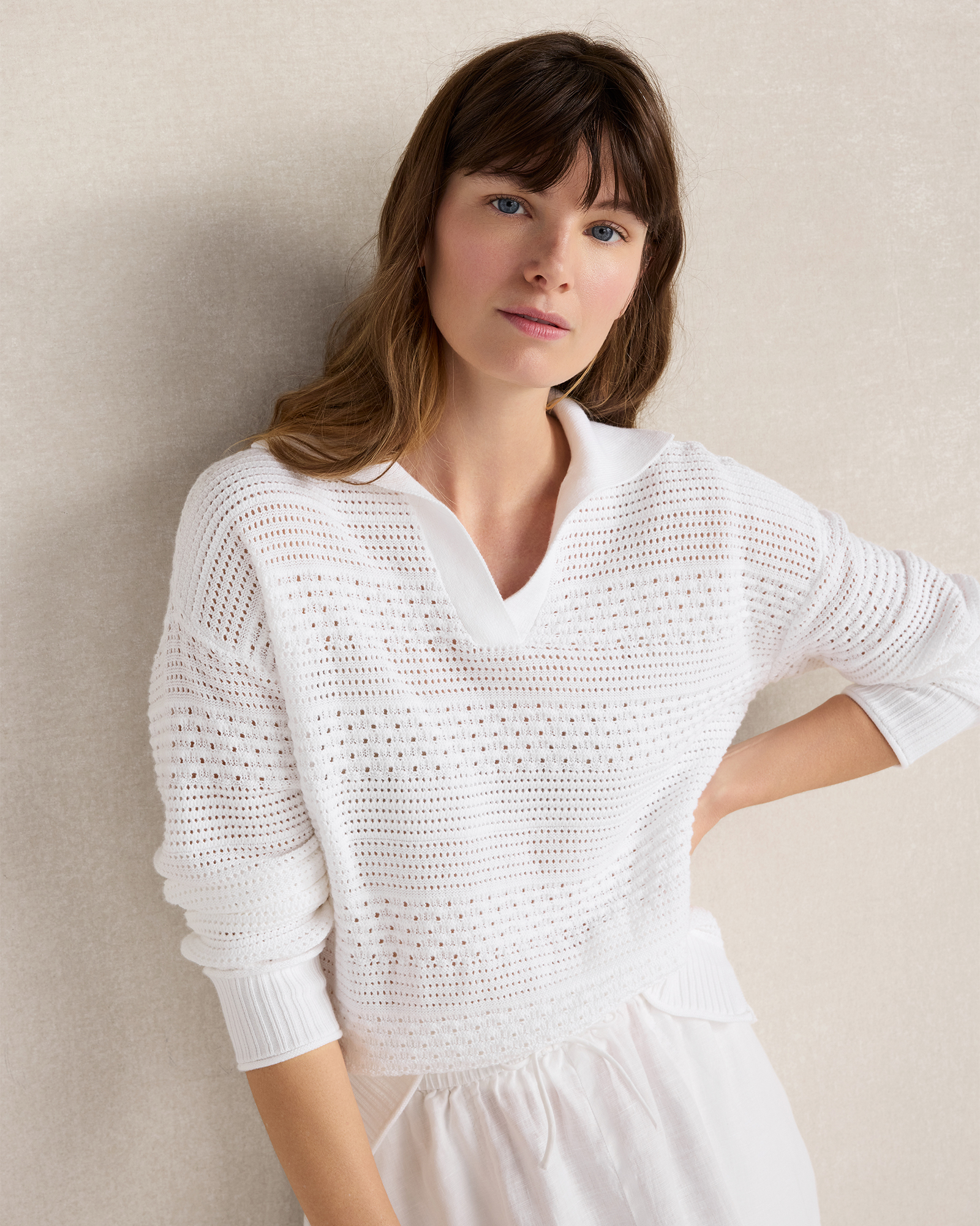 Cotton Mixed Stitch Johnny Collar Sweater | White | XXL