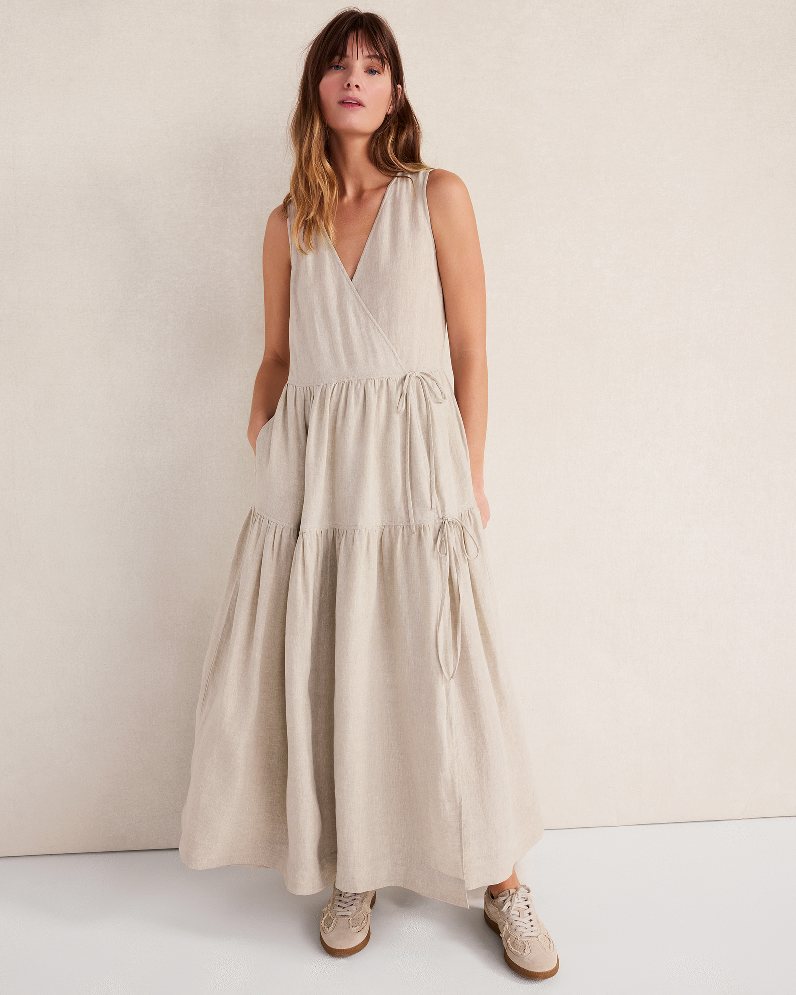 Everweave Linen Tiered Wrap Dress Oatmeal Cross Dye XS 168$