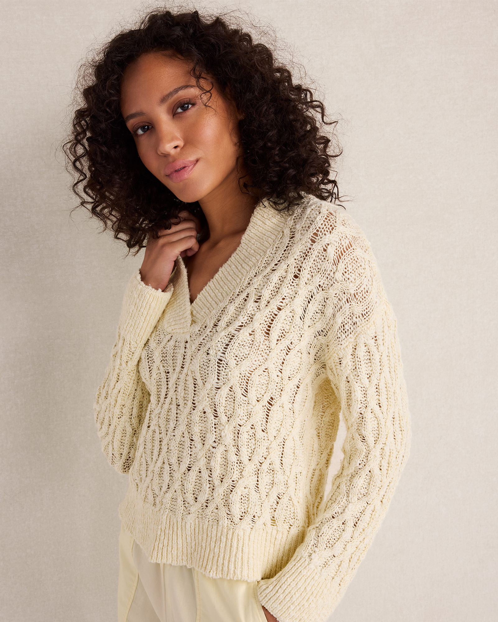 Slubby Cotton Linen V-Neck Sweater | Straw | XXL