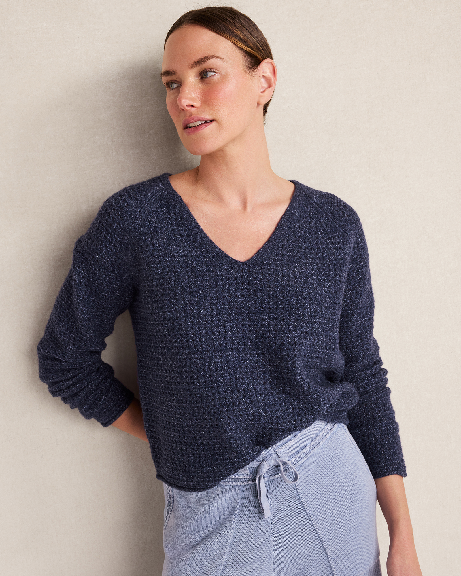 Merino Wool Blend V-Neck Sweater | Denim Blues | Medium