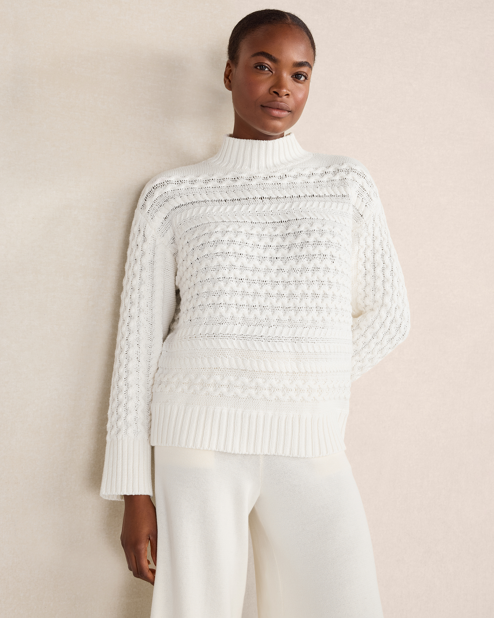 Organic Cotton Cable Knit Funnel Neck Sweater | White | XL