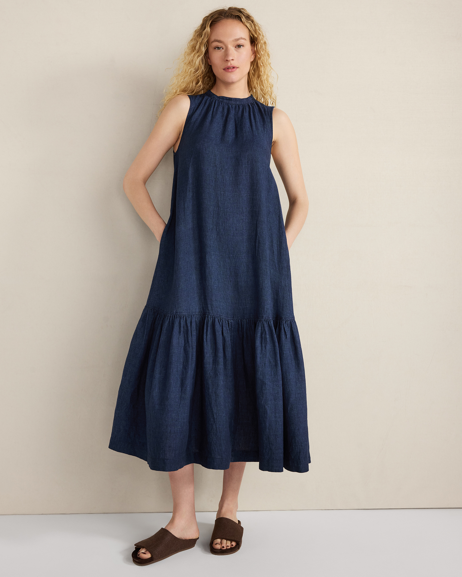 Linen Tiered Midi Dress Delave Navy XXS 150$