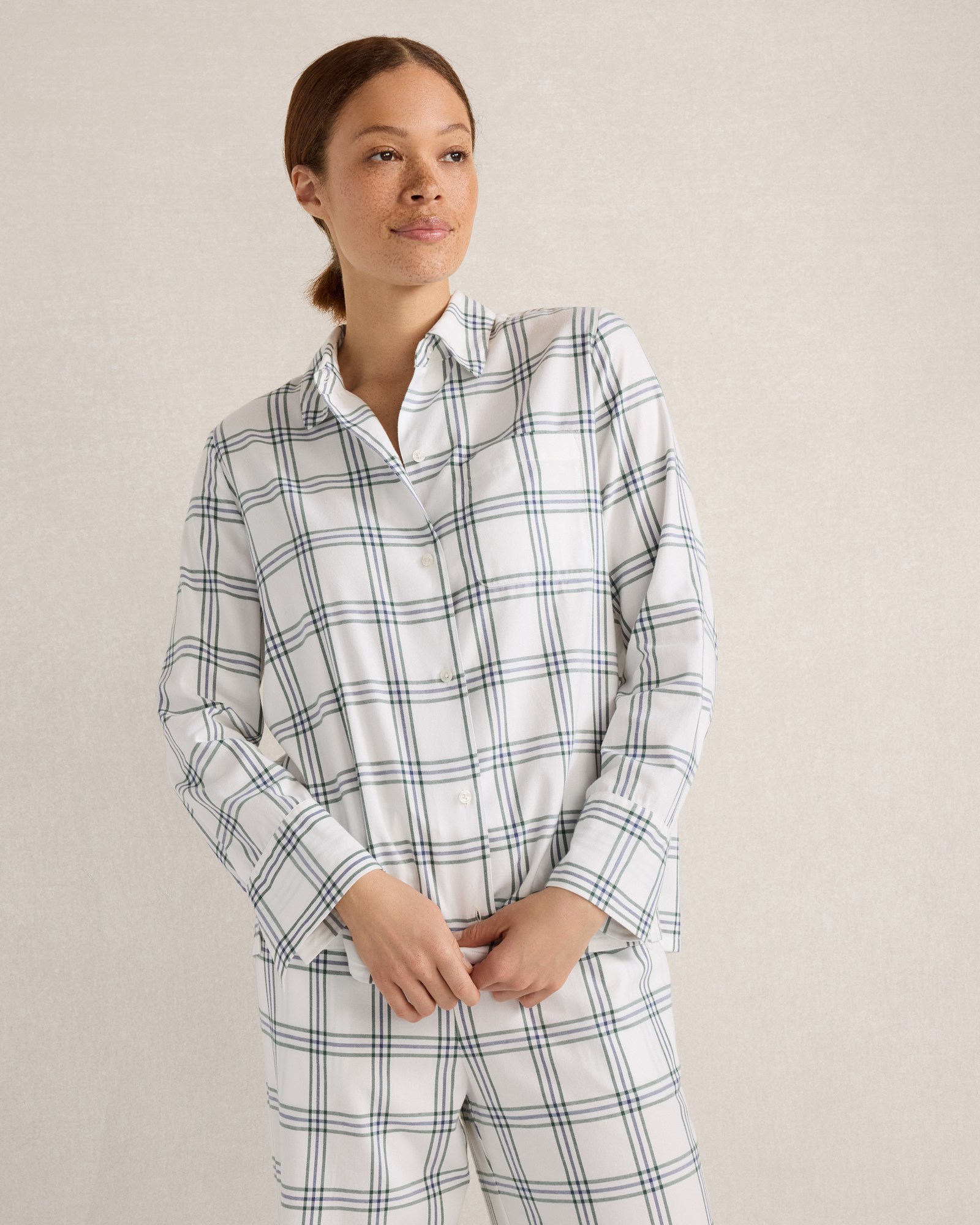 Organic Cotton Windowpane Pajama Top | White Multicolor | XXL